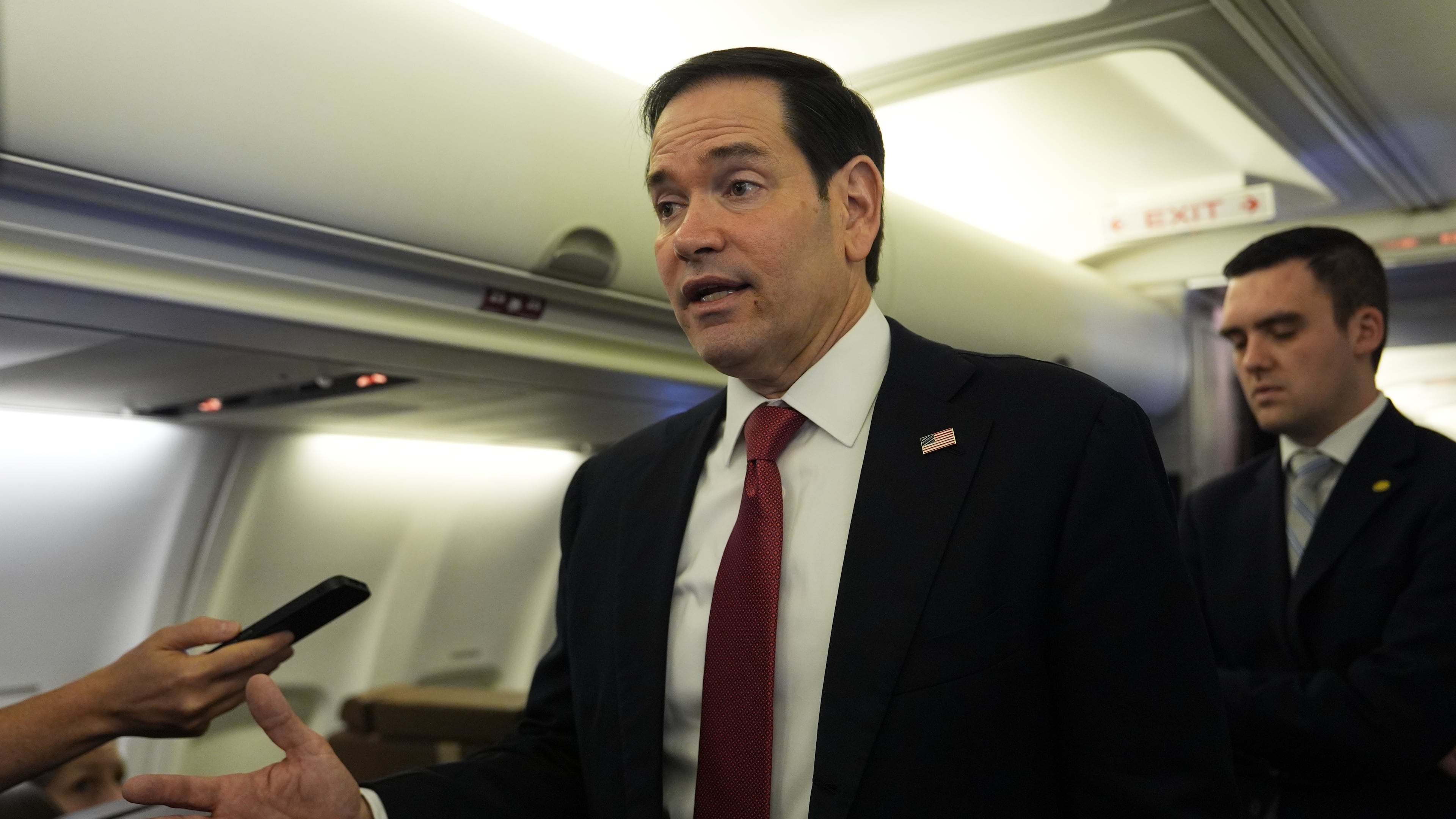 U.S. Secretary of State Marco Rubio speaks to reporters on board his plane at Jaipur International Airport in Jaipur, India, Tuesday, May 26, 2026. (AP Photo/Julia Demaree Nikhinson, Pool)