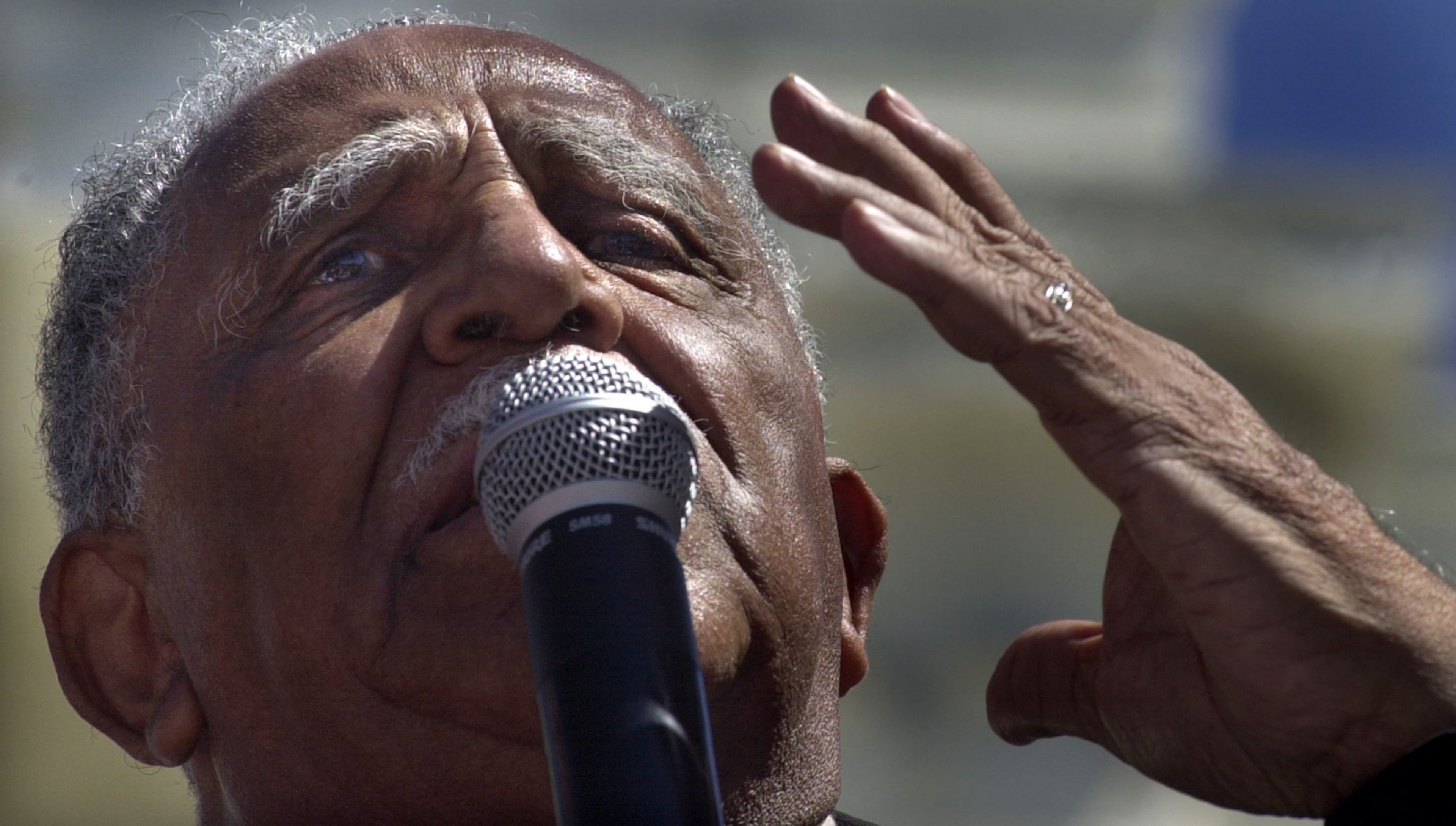 The Rev. Joseph Lowery gestures as he speaks to marchers during a 2005 rally on the steps of the Alabama State Capitol in Montgomery, Ala., for the finale of the Selma-to-Montgomery voting rights march re-enactment. (AP Photo/Kevin Glackmeyer)