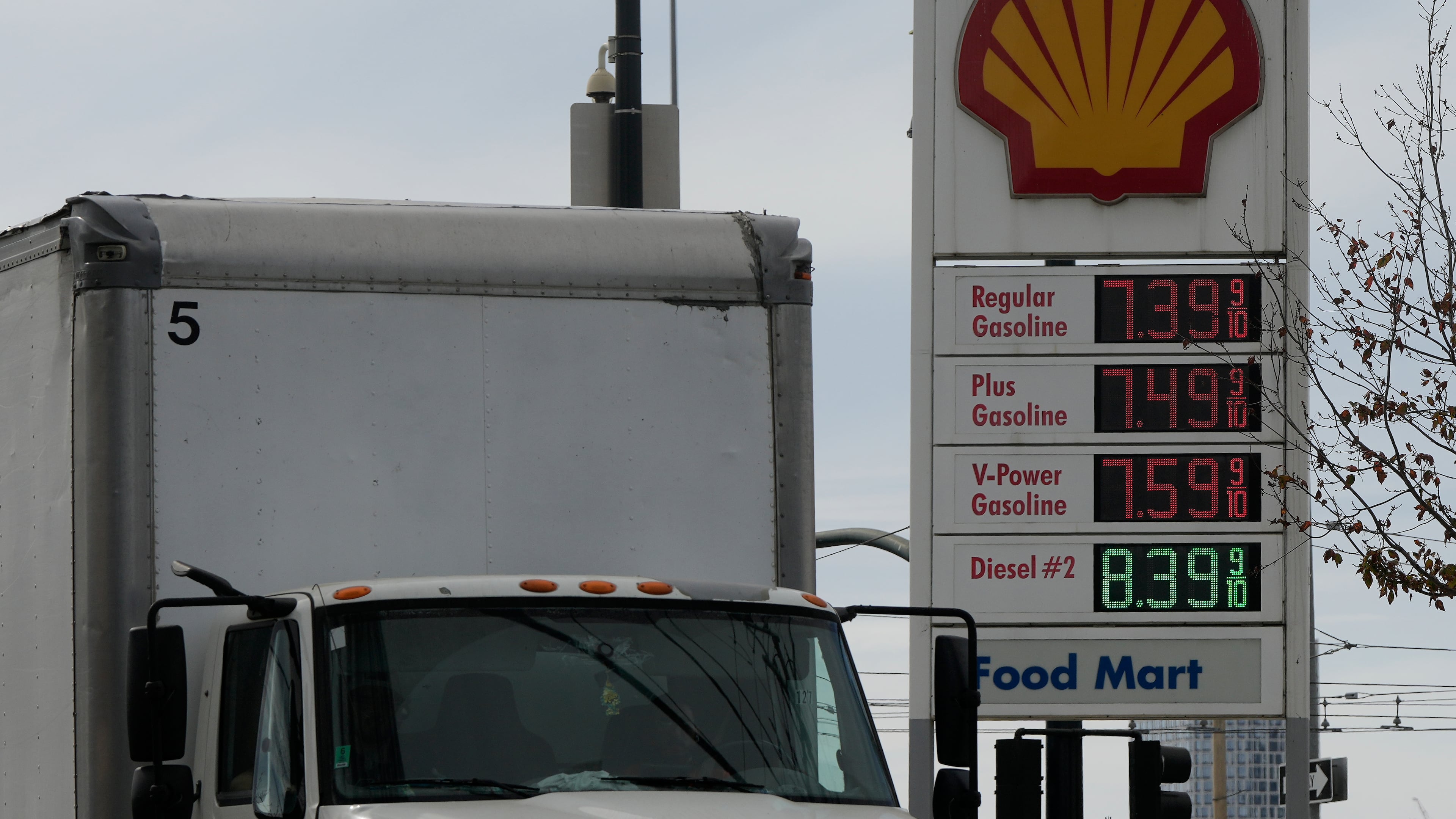 A truck drives past a fuel price board for gasoline and diesel at a gas station on Tuesday, Oct. 20, 2026, in San Francisco. (AP Photo/Jeff Chiu)