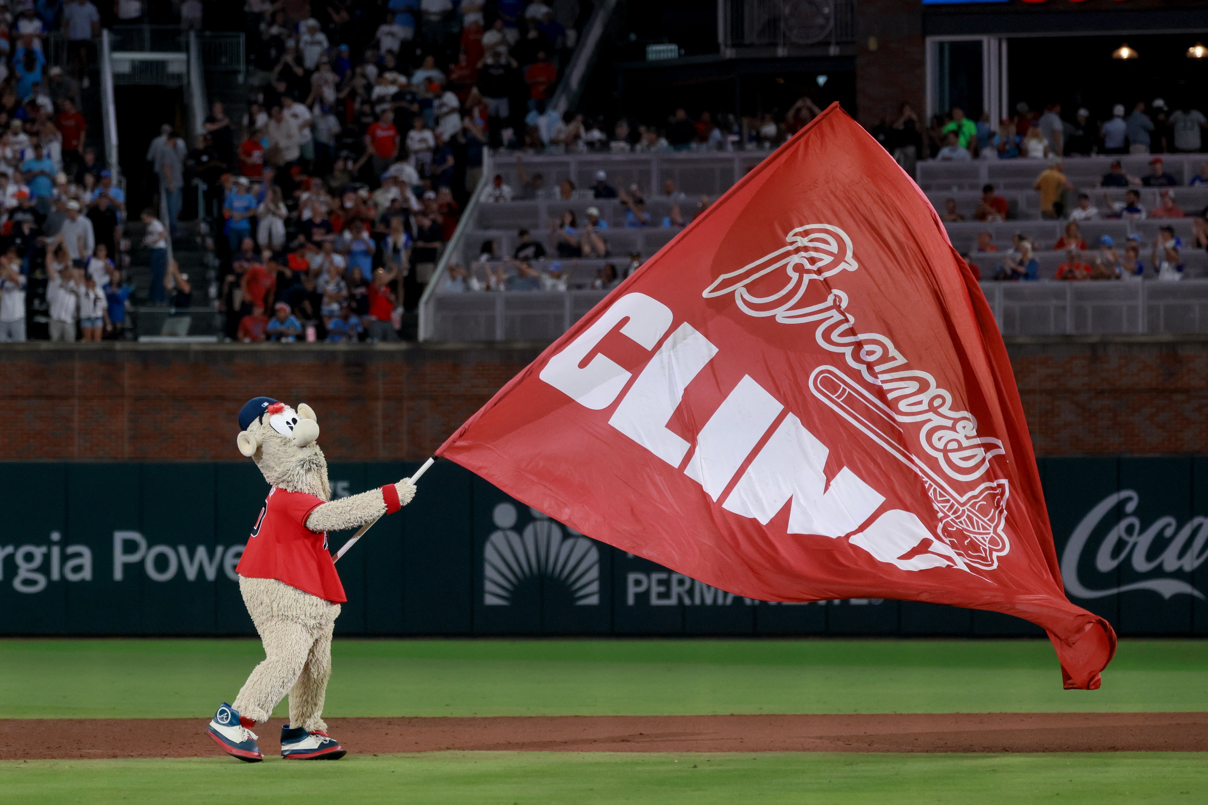 Blooper celebrates after the Braves defeated the Phillies during Game 3 of their NL Wild Card Series on Thursday, Oct. 1, 2026, at Truist Park in Atlanta. (Jason Getz/AJC)