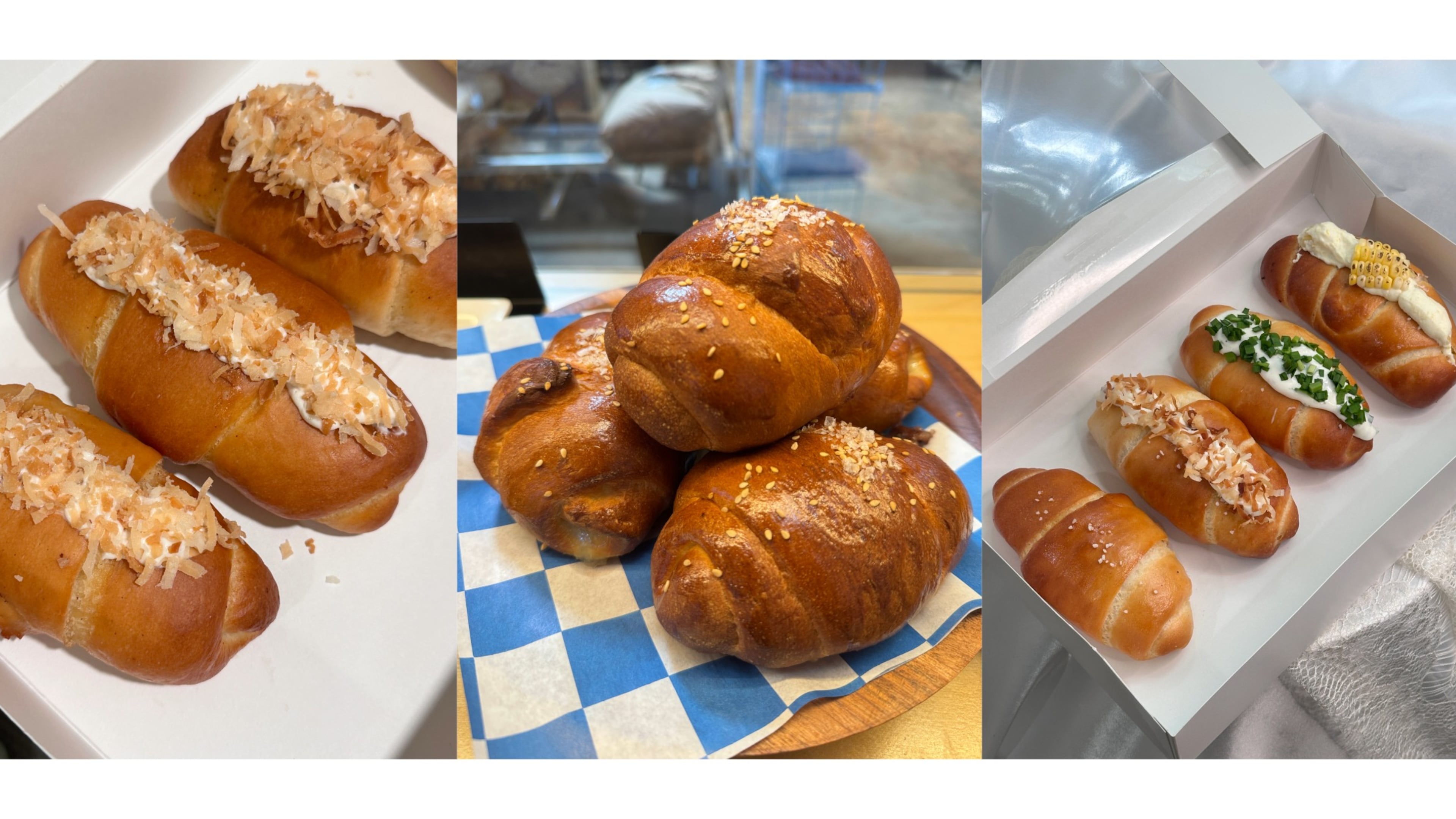 Three examples of salt bread (from left): Toasted coconut salt bread from Butter and Bean (Courtesy of Lydia Huh); salt bread at Leftie Lee's (Courtesy of Vivian Lee); assorted salt breads from Butter and Bean (Courtesy of Lydia Huh).