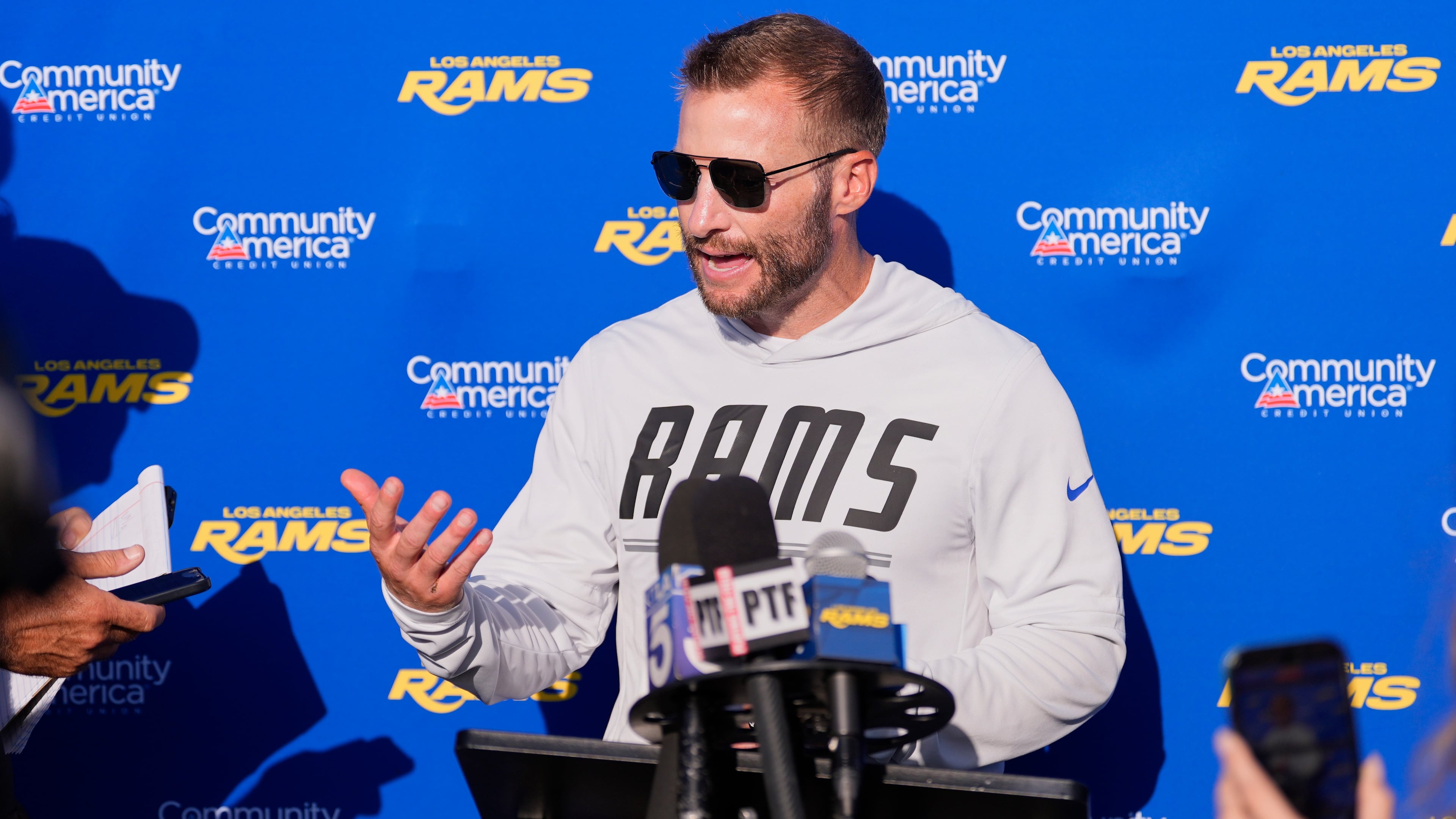 Los Angeles Rams head coach Sean McVay speaks to reporters during the NFL football team's training camp, Thursday, Aug. 6, 2026, in Los Angeles. (AP Photo/Mark J. Terrill)
