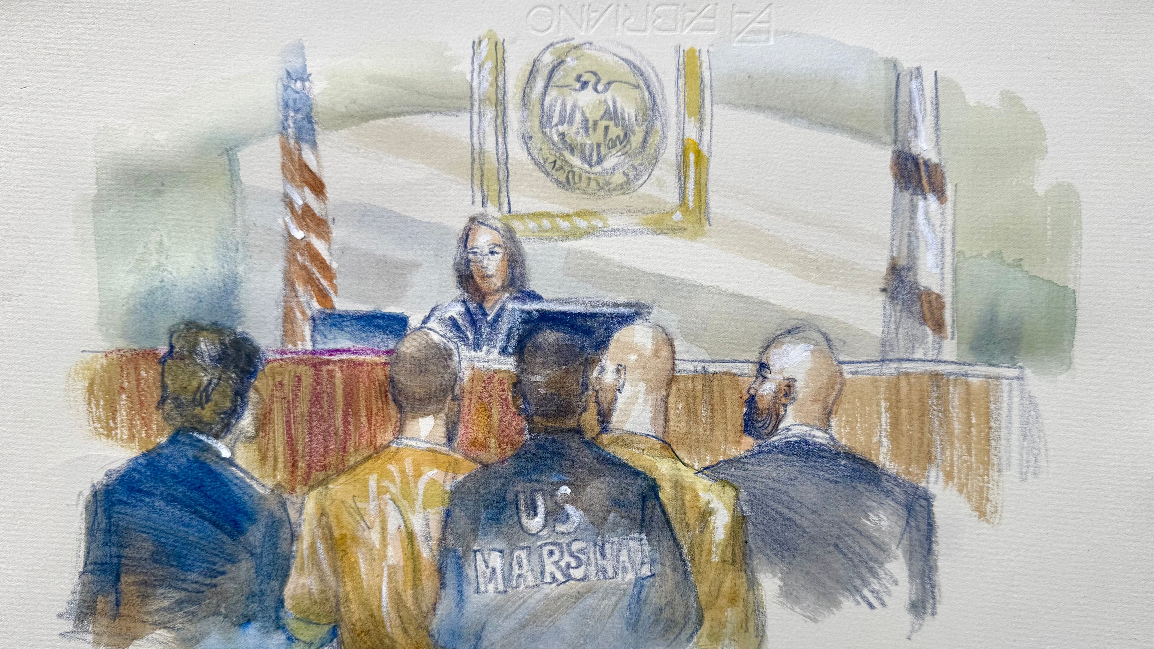 In this courtroom sketch Andrew and Tristan Tate appear with their attorneys before judge Lauren Louis in Miami federal court, Monday, July 20, 2026, in Miami. (Lothar Speer via AP)