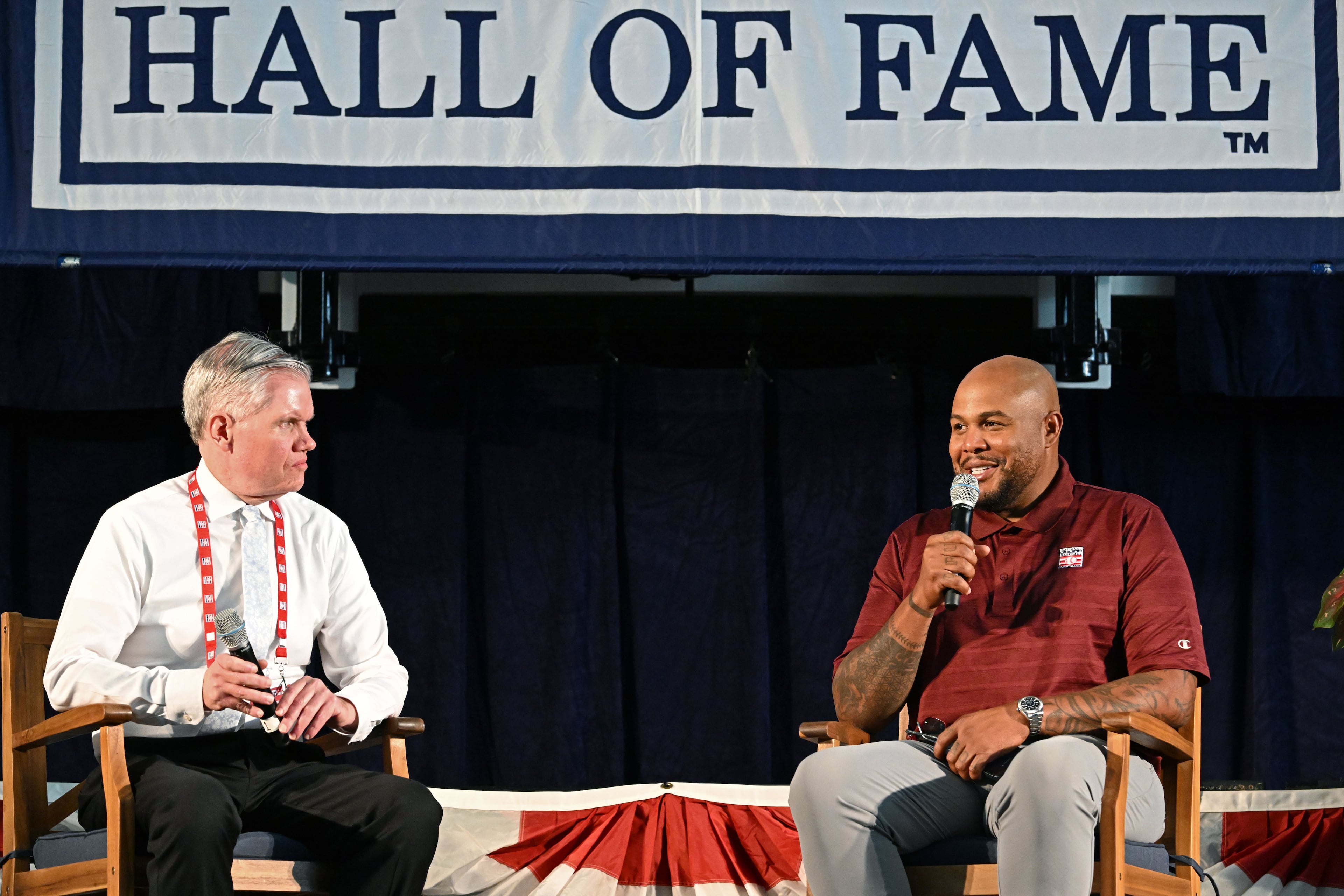 Former Brave Andruw Jones (right) speaks to the media as National Baseball Hall of Fame communications director Craig Muder moderates at the Clark Sports Center on Saturday, July 25, 2026, in Cooperstown, N.Y. (Hyosub Shin/AJC)