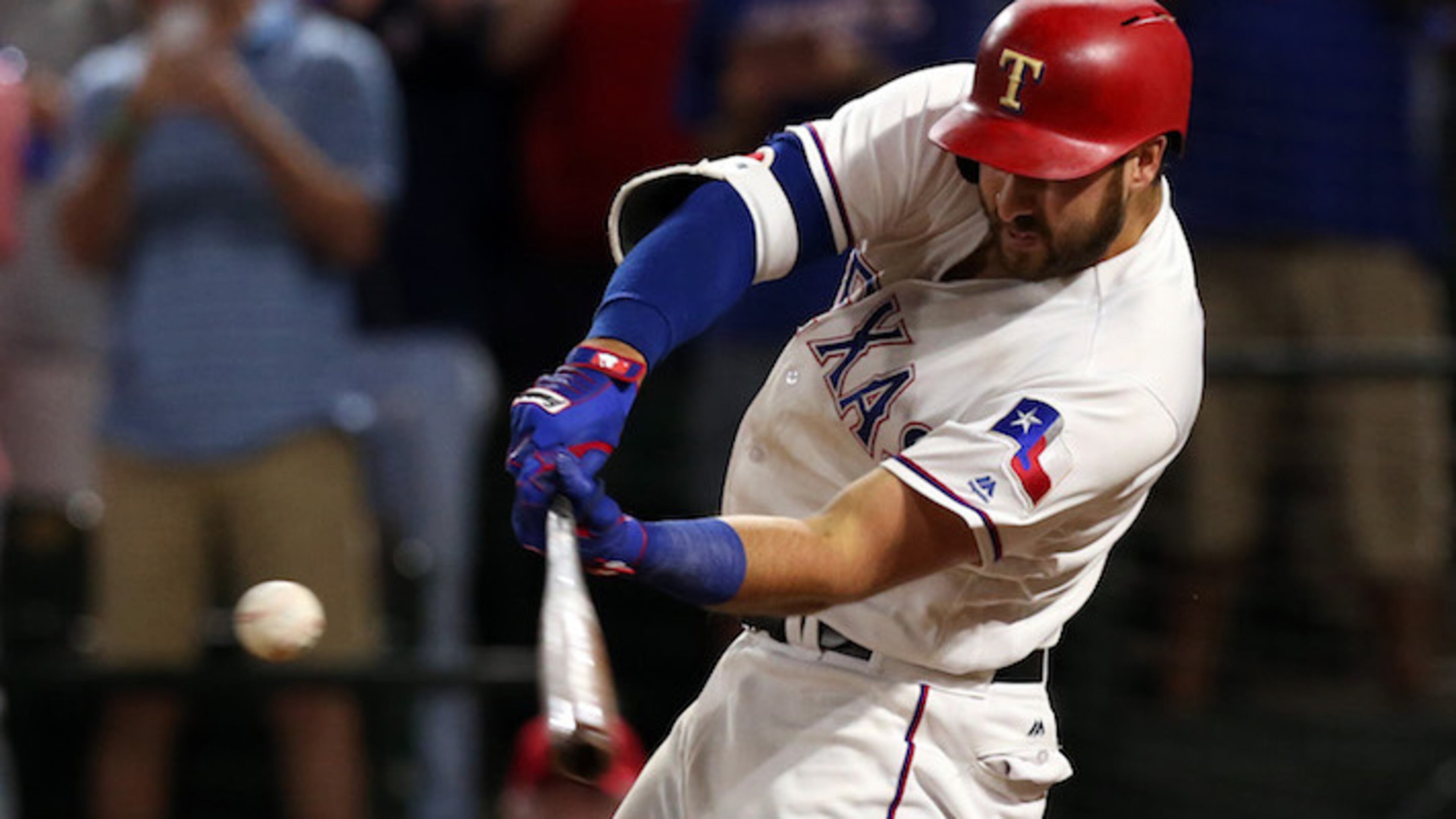 Texas Rangers'Joey Gallo (13) connects for a three-run home run in the ninth inning to beat the Oakland Athletics 5-2 on Friday, May 12, 2017 at Globe Life Park in Arlington, Texas. (Richard W. Rodriguez/Fort Worth Star-Telegram/TNS)