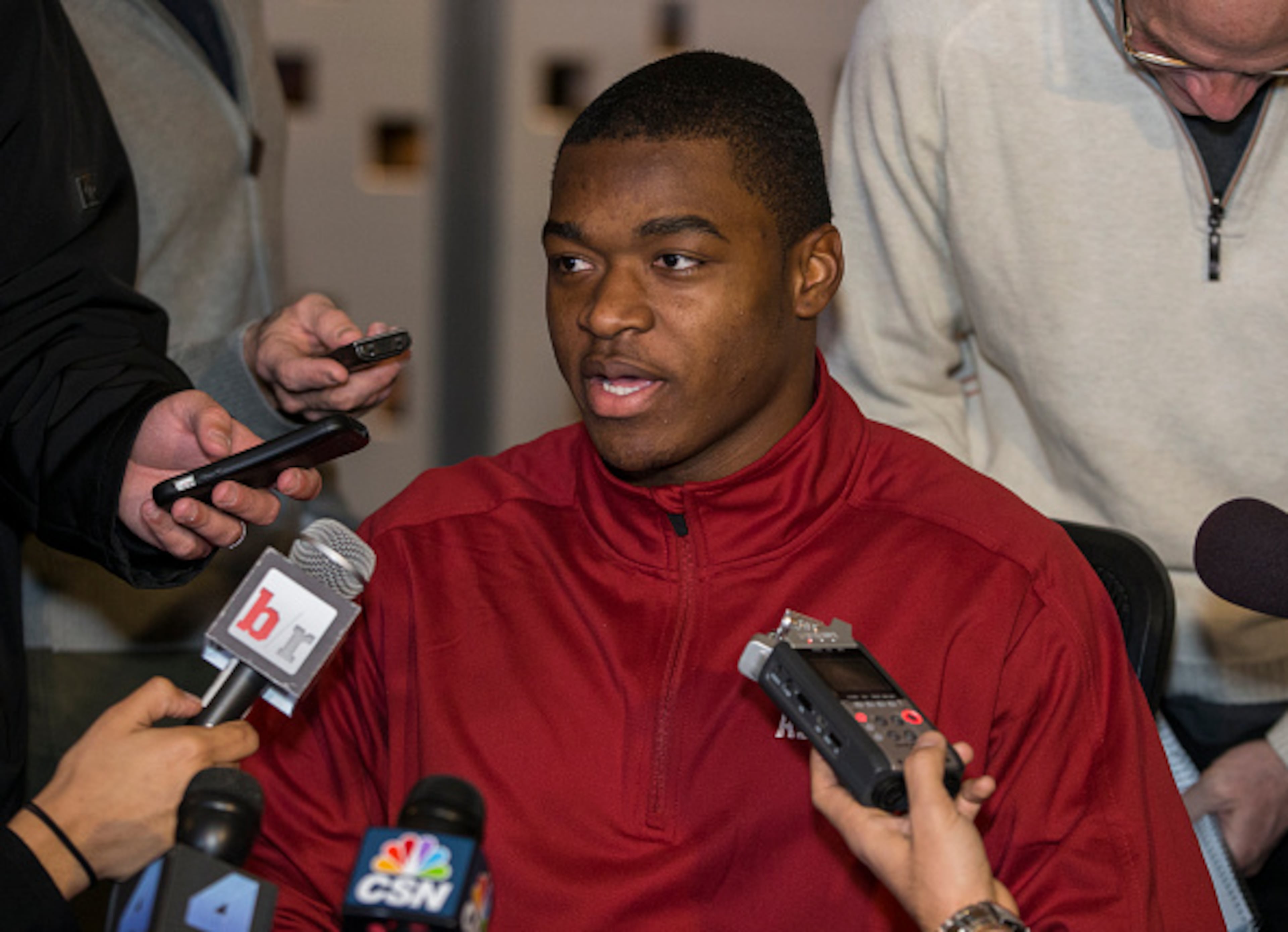 NEW YORK, NY - DECEMBER 12: Amari Cooper, wide receiver for the University of Alabama, speaks with the media during the finalists press conference of the 80th annual Heisman Memorial Trophy on December 12, 2014 at the Marriott Marquis Times Square in New York City. NOTE TO USER: Photographer approval needed for all Commercial License requests. (Photo by Kelly Kline/Getty Images for The Heisman)