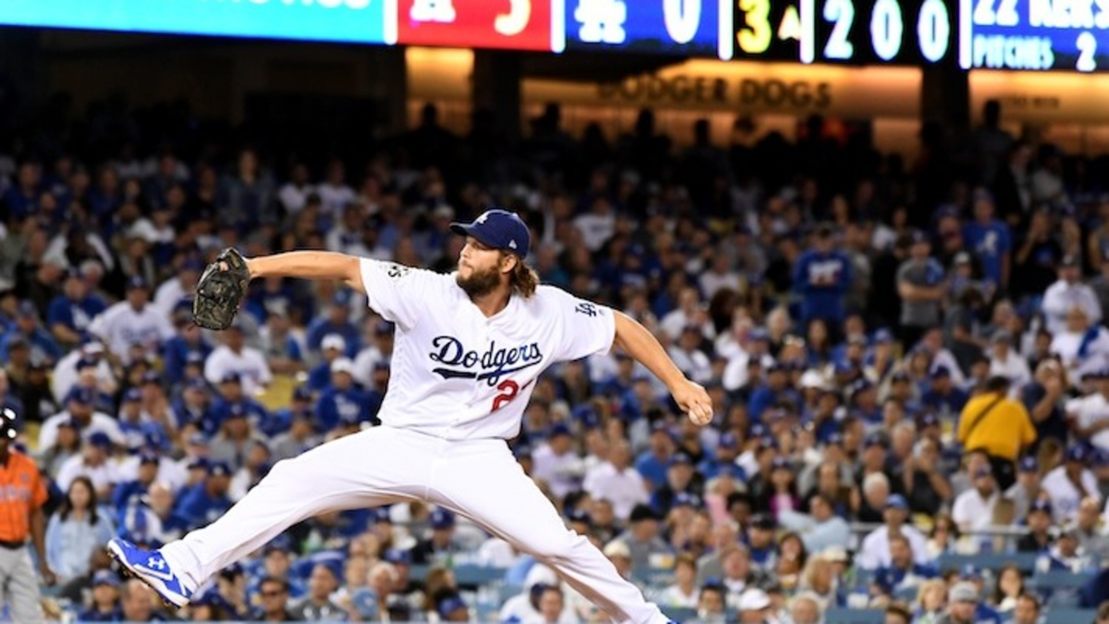 The Los Angeles Dodgers' Clayton Kershaw comes on in relief against the Houston Astros in the third inning during Game 7 of the World Series at Dodger Stadium in Los Angeles on November 1, 2017. (Wally Skalij/Los Angeles Times/TNS)