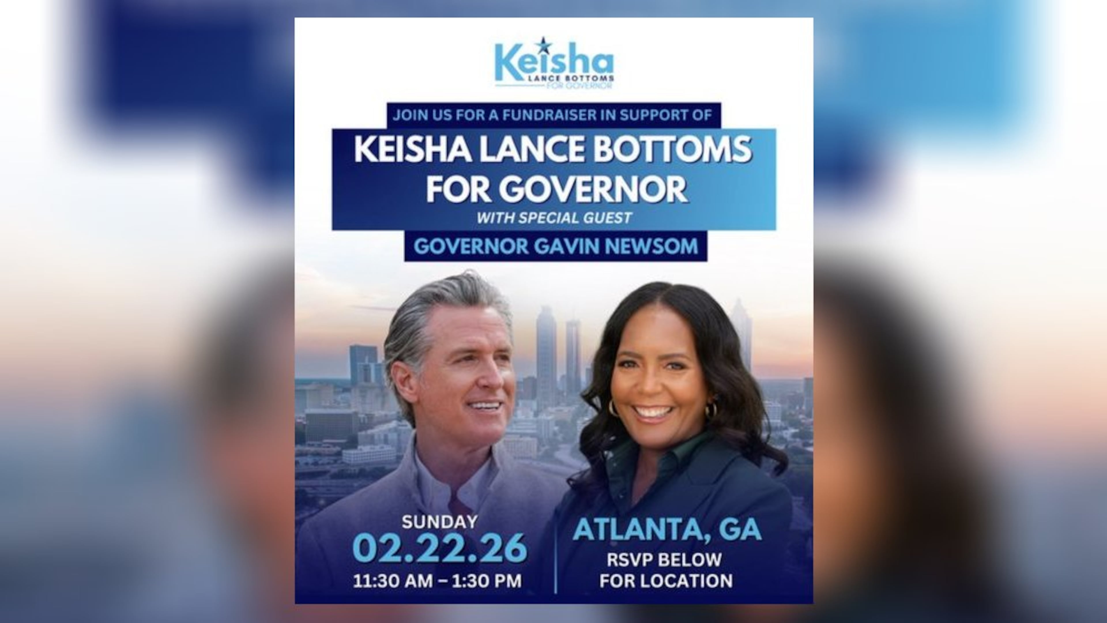 California Gov. Gavin Newsom will appear at a fundraiser for former Atlanta Mayor Keisha Lance Bottoms, who is a Democratic candidate for governor.