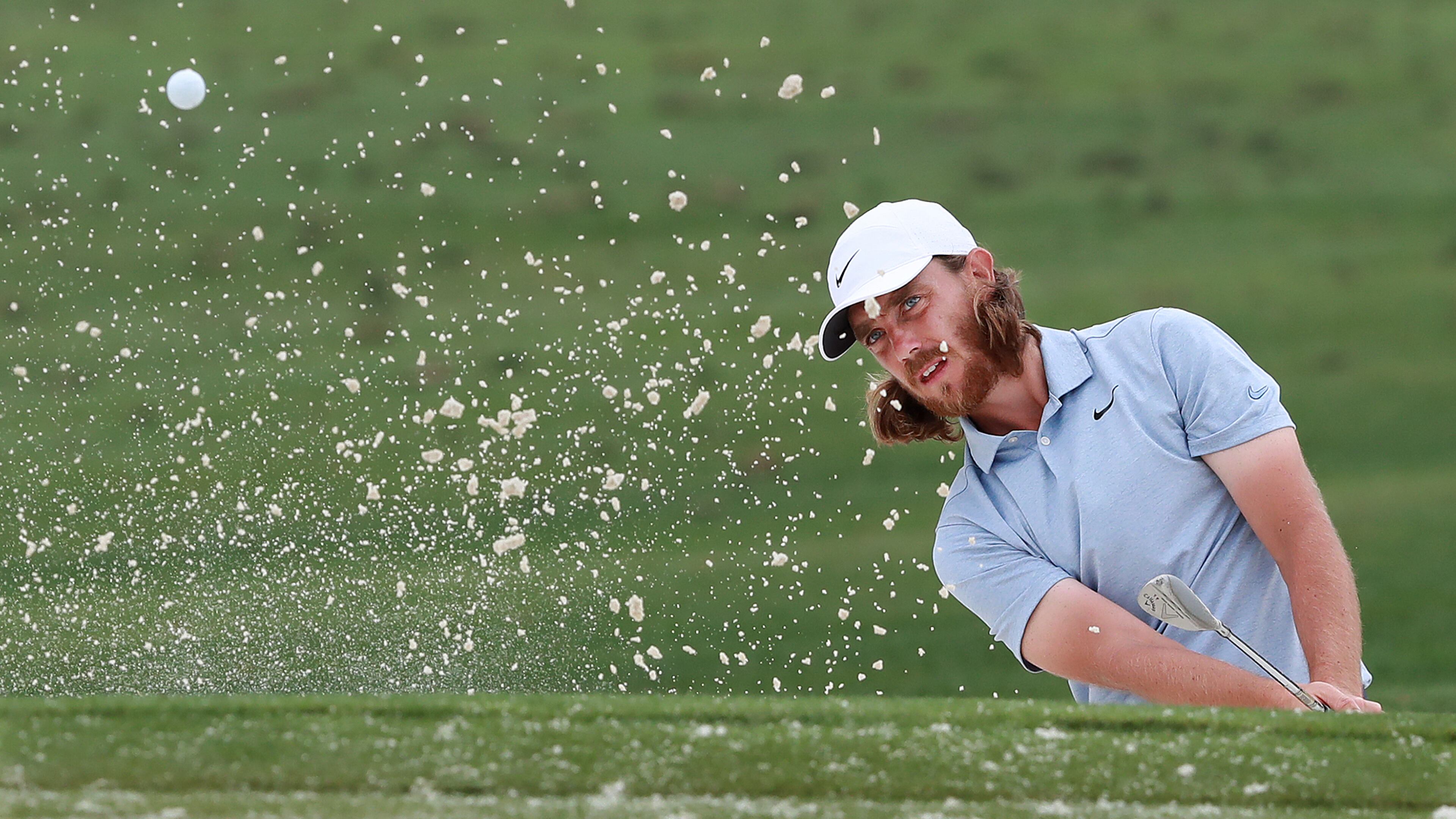 Tommy Fleetwood works on his bunker shot at the practice range following his press conference Monday, April 8, 2019, for the Masters at Augusta National Golf Club in Augusta.
