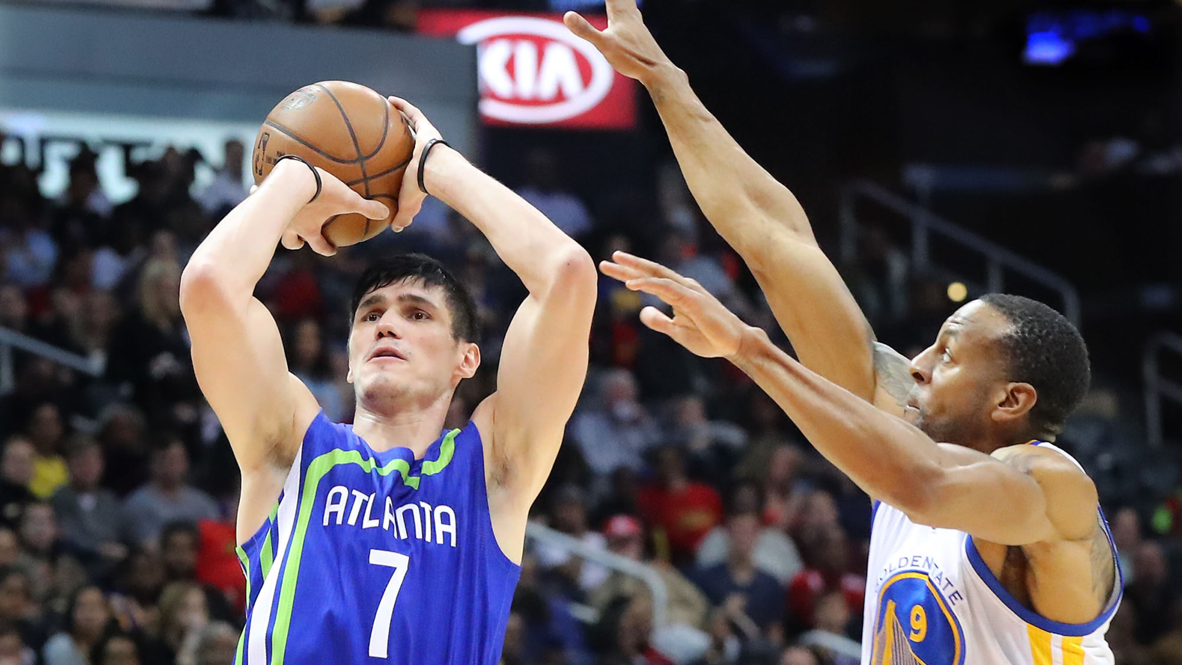 March 6, 2017, Atlanta: Atlanta Hawks Ersan Ilyasova shoots for two against Golden State Warriors Andre Uguodala during the second period in a NBA basketball game on Monday, March 6, 2017, in Atlanta. Curtis Compton/ccompton@ajc.com