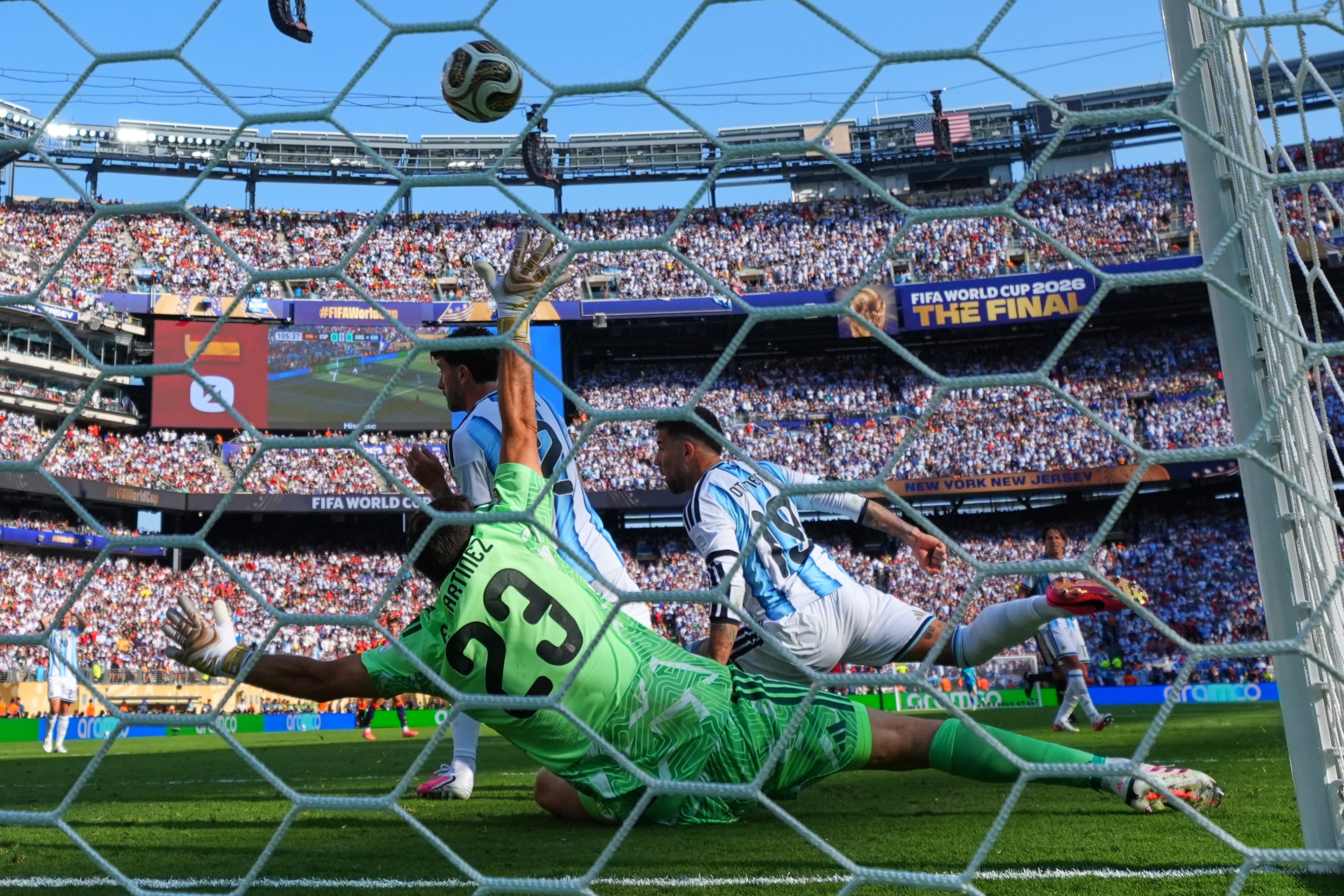 Spain's Ferran Torres scores their first goal past Argentina goalkeeper Emiliano Martinez during the World Cup final soccer match between Spain and Argentina in East Rutherford, N.J., near New York, Sunday, July 19, 2026. (Matt Slocum/AP)