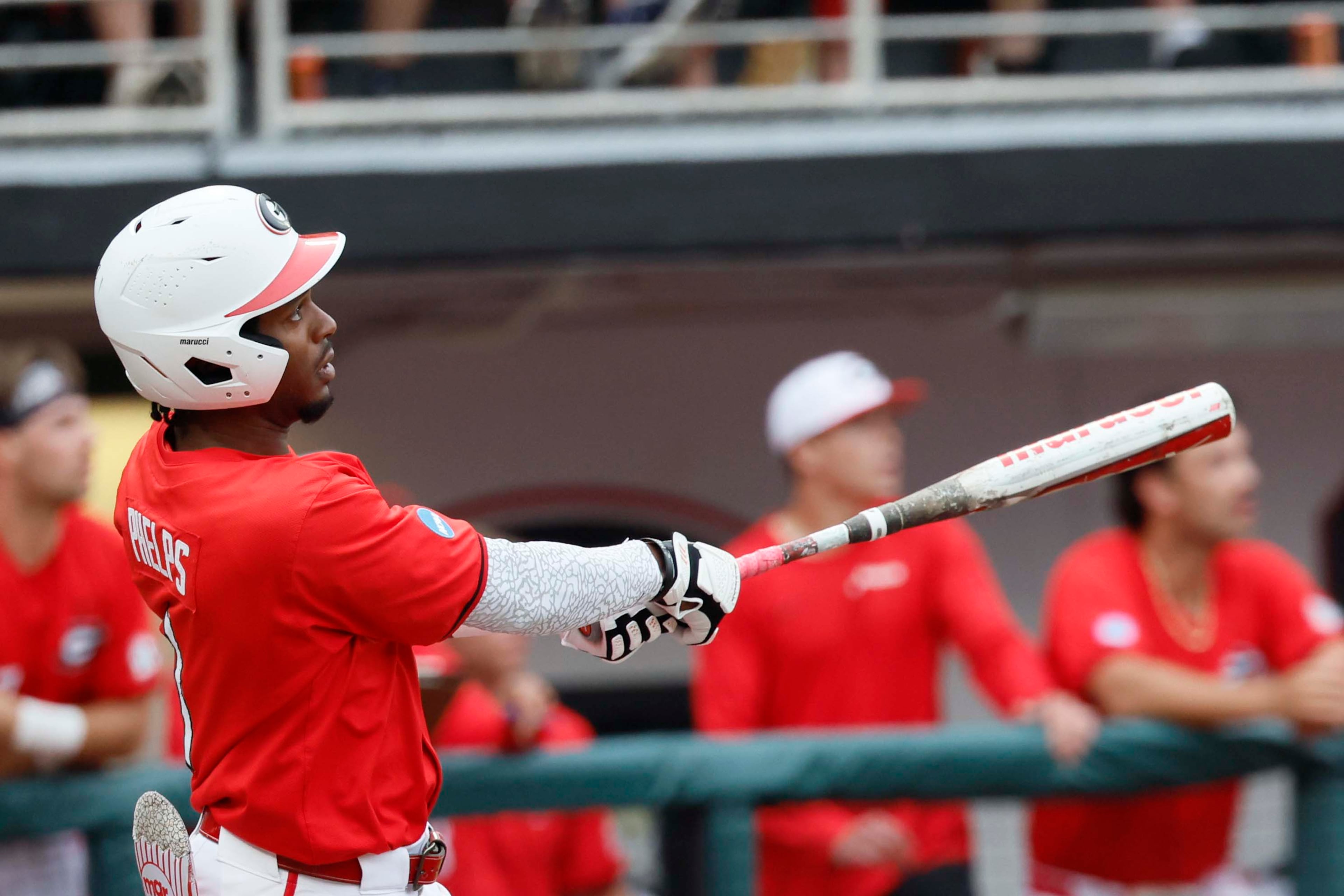 Georgia Bulldogs infielder Tre Phelps (1) watches his two-run home run during the sixth inning of their NCAA Regional final game at Foley Field on Sunday, May 31, 2026, in Athens. (Miguel Martinez/AJC)