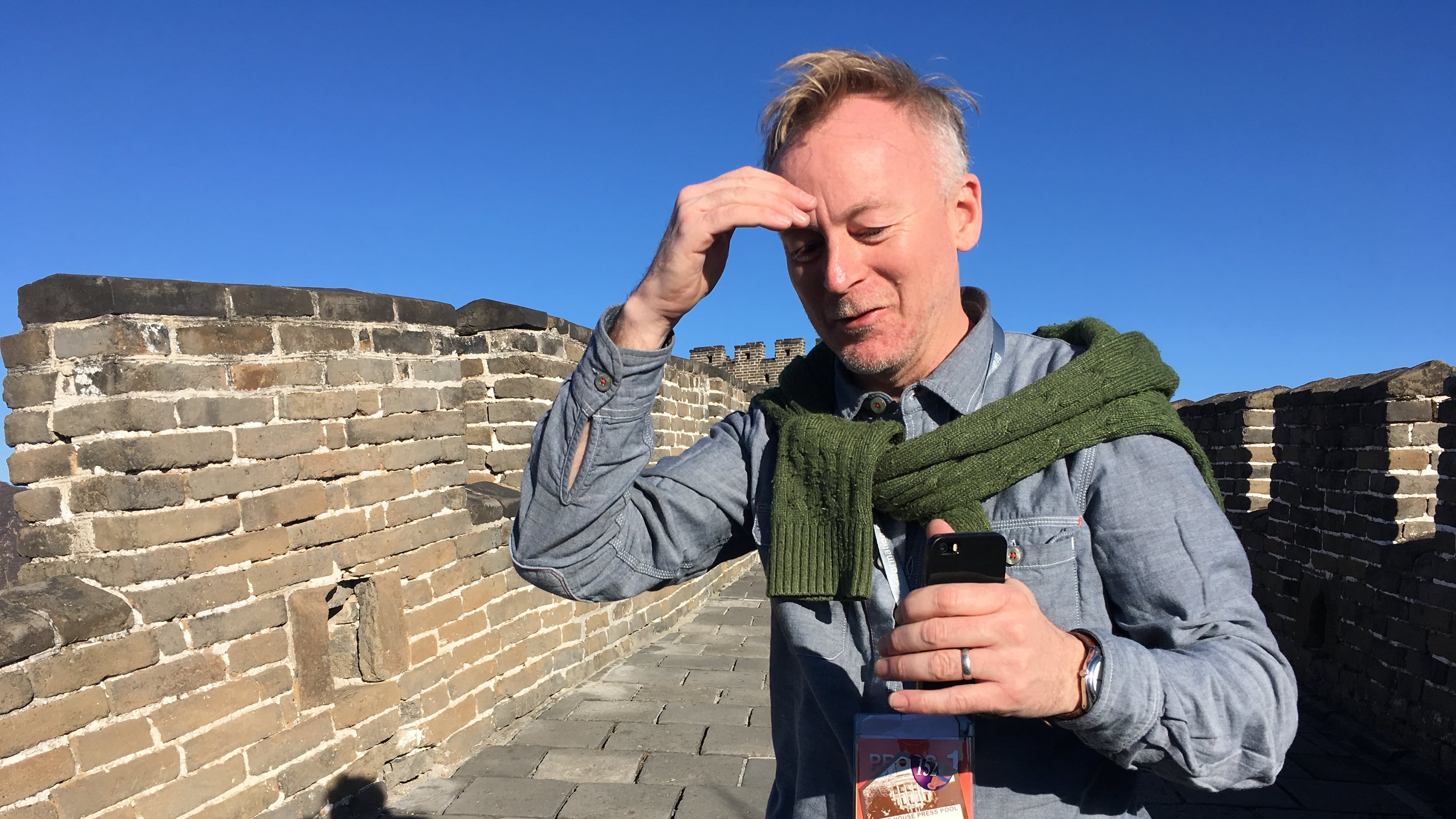 AP reporter Christopher Bodeen walks along the Mutianyu Great Wall section on the outskirts of Beijing, on Nov. 10, 2017, while covering Melania Trump’s visit to the wall. (AP Photo/Emily Wang)