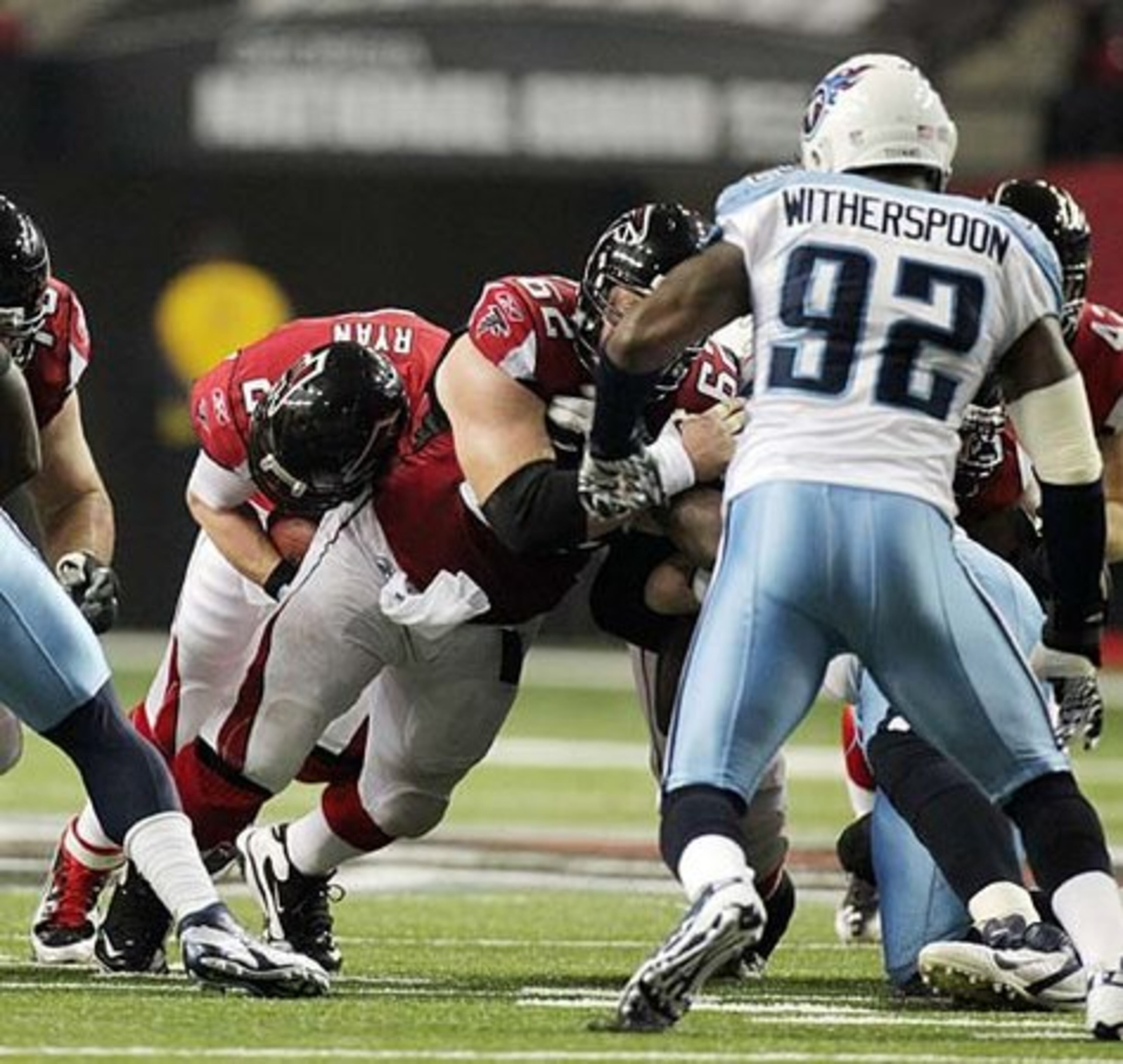 Falcons center Todd McClure blocks the way for quarterback Matt Ryan on a 4th down and 1 play that went for a first down during 2nd half action. The Falcons picked up a couple of 4th and 1 attempts in the 2nd half, after falling short on a attempt against the Saints in overtime last week.