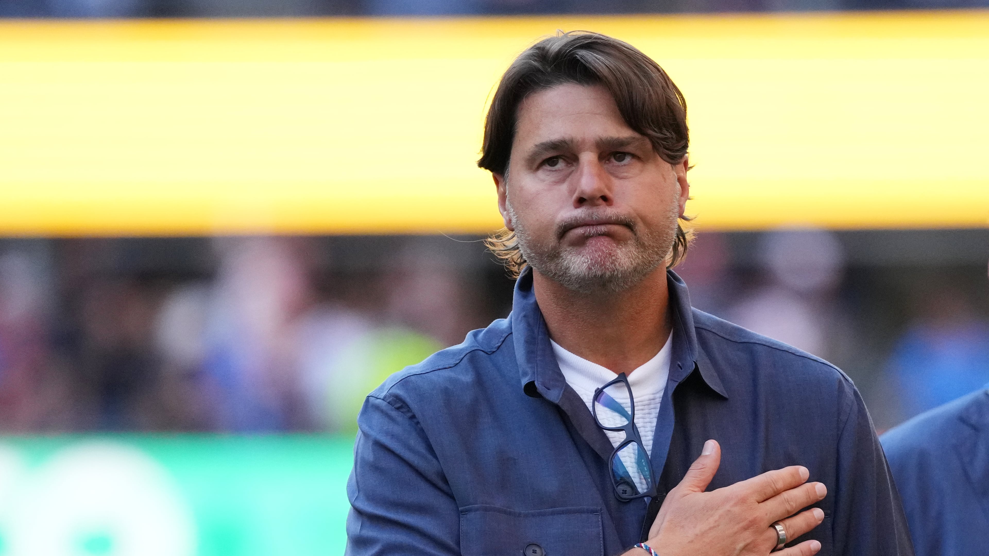 United States head coach Mauricio Pochettino acknowledges supporters after the World Cup round of 16 soccer match between the United States and Belgium in Seattle, Monday, July 6, 2026. (AP Photo/Ted S. Warren)