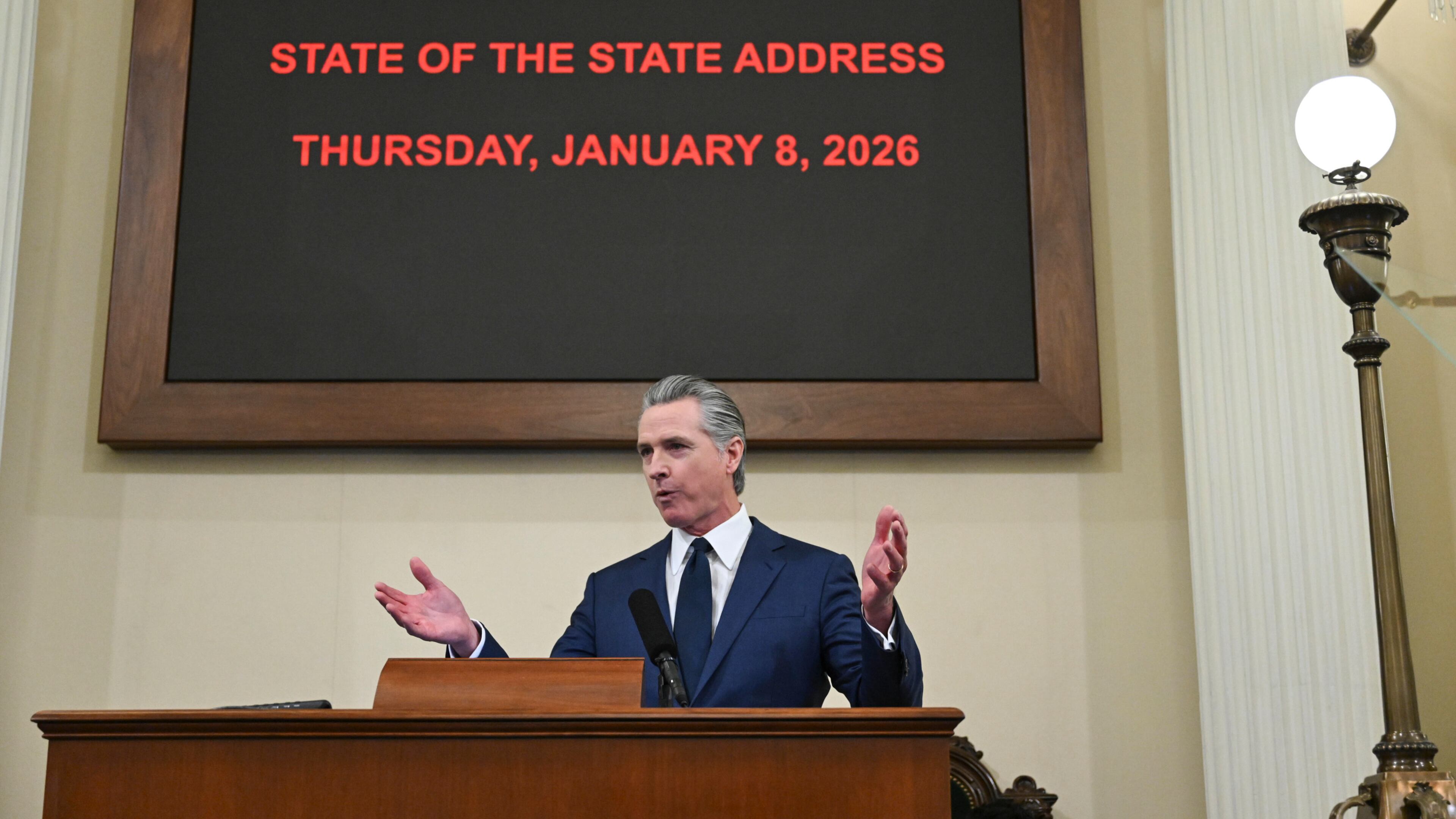 Gov. Gavin Newsom gives his State of the State address at the State Capitol on Thursday, Jan. 8, 2026, in Sacramento, Calif. (Hector Amezcua/The Sacramento Bee via AP, Pool)