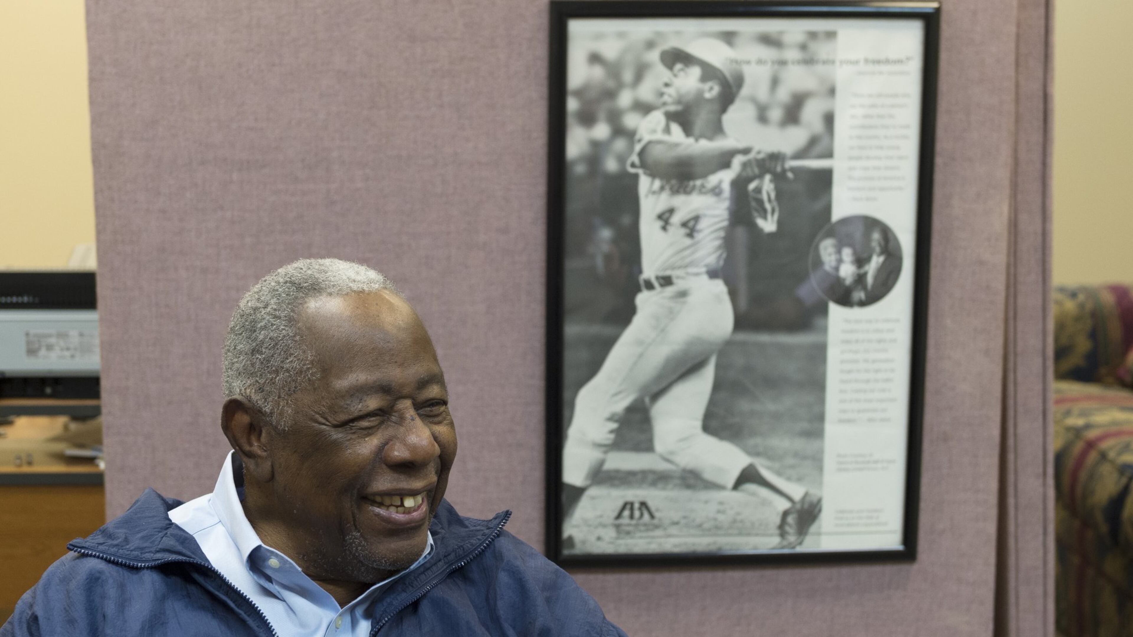 Atlanta Braves hall of fame right fielder Hank Aaron laughs during an interview with reporters on Monday, January 30, 2017. Numerous celebrations in Aaron’s honor will be taking place in the near future, including a bronze statue at SunTrust Park, a gala Friday in honor of his 83rd birthday. (DAVID BARNES / DAVID.BARNES@AJC.COM)