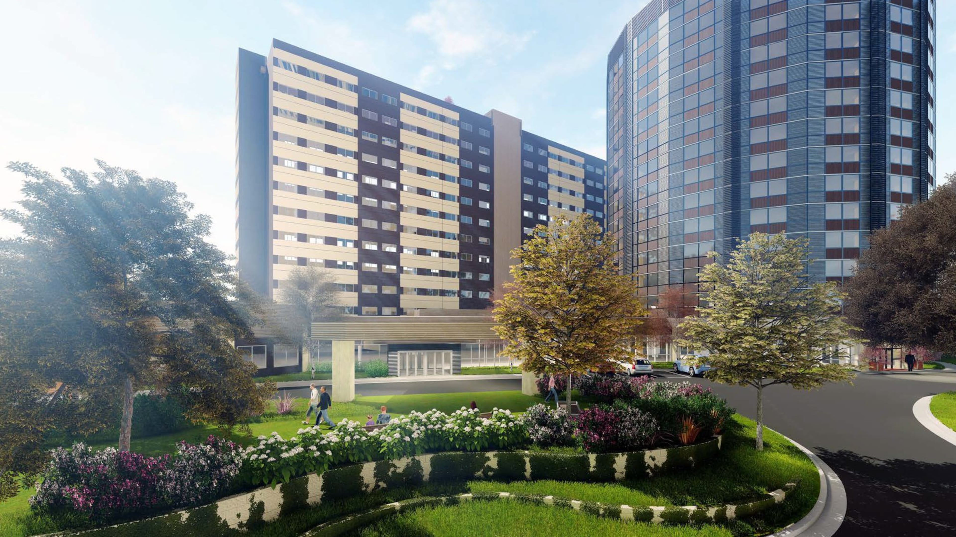 Peacock Partnership, led by Atlanta architect Dean Peacock, purchased most of the 15-story Presidential Tower property near Spaghetti Junction. The building once housed the Presidential Hotel. Peacock plans to renovate the tower and construct an adjacent 12-story building. Together they’d include 400 rental units for active seniors. Rendering courtesy of Peacock Partnership