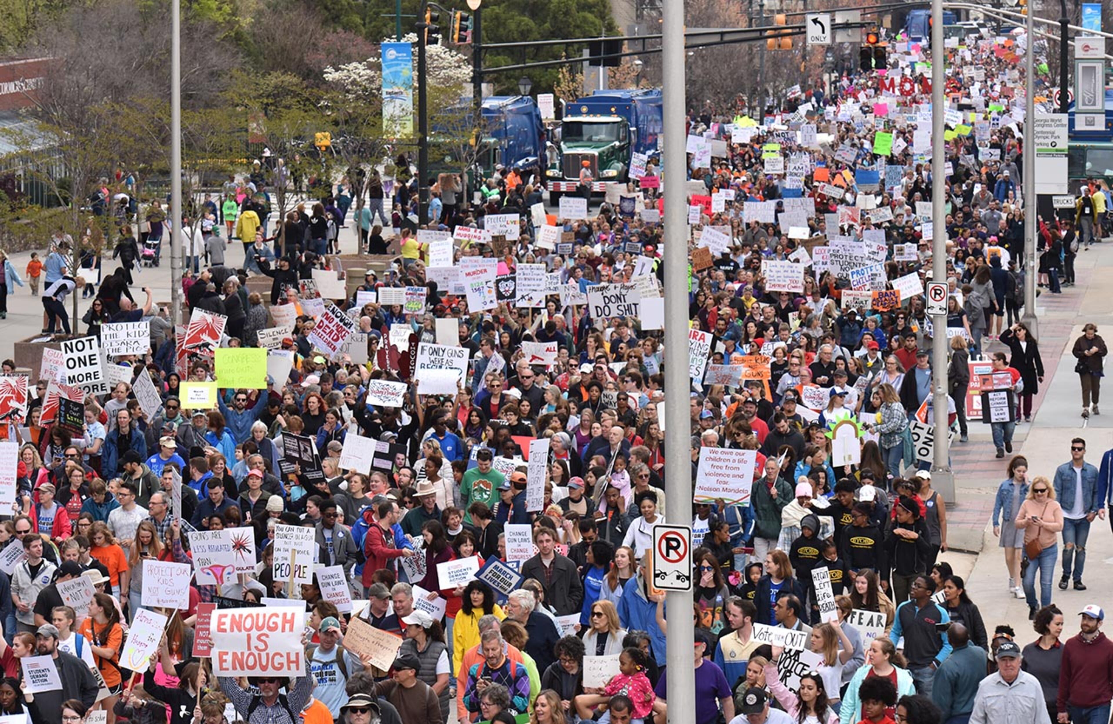 March 24, 2018 Atlanta - Thousands of people march to Liberty Plaza during the March For Our Lives rally in downtown Atlanta on Saturday, March 24, 2018. Atlanta police estimated the crowd at near 30,000 for today's March for Our Lives. People of all ages were drawn to one of the nationwide demonstrations in a movement begun by student survivors of last month's mass killing in a Parkland, Fla., school. Some of those Florida students were among the speakers in Atlanta. HYOSUB SHIN / HSHIN@AJC.COM