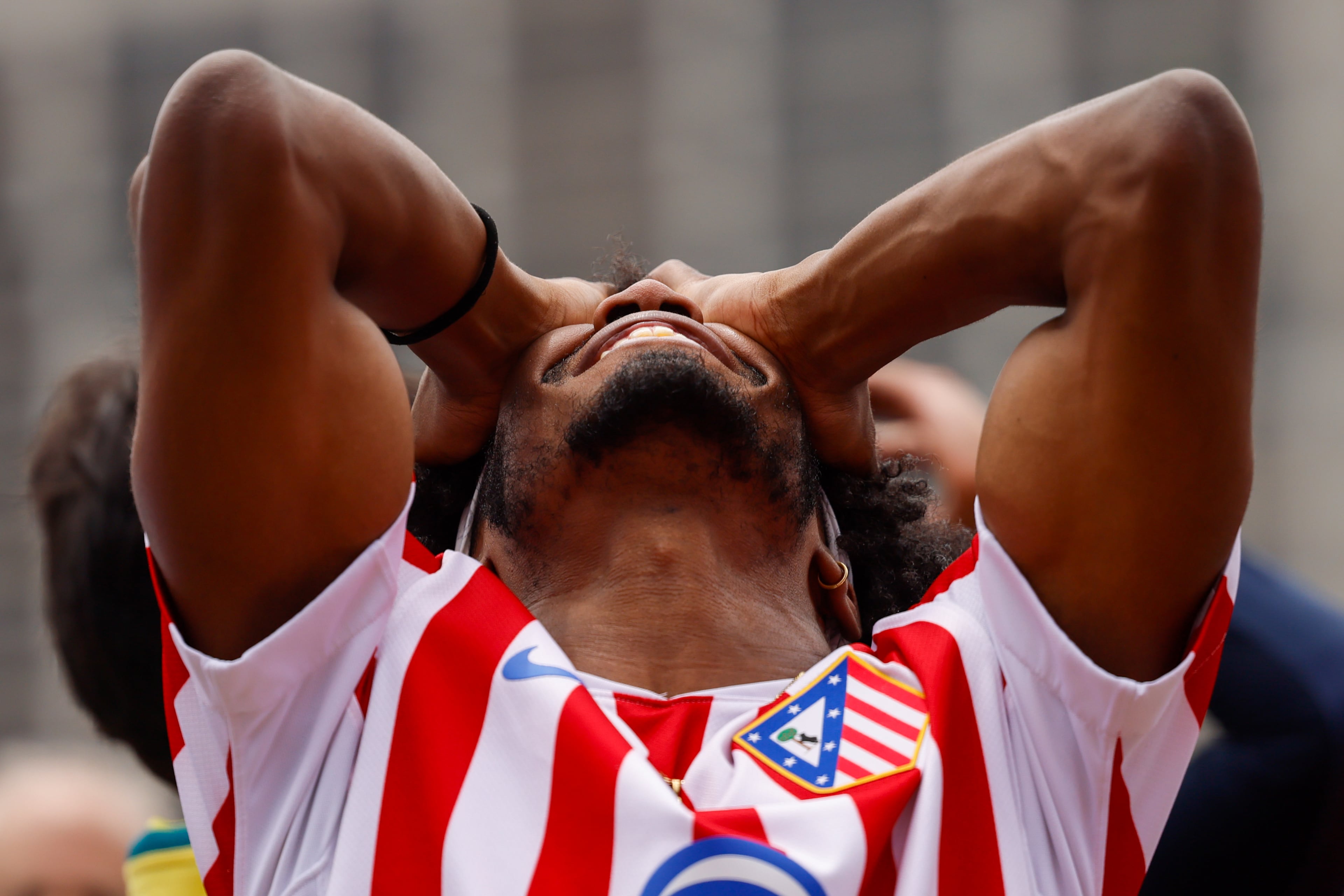 A fan reacts at FIFA Fan Festival in Centennial Olympic Park during the Spain and Cape Verde match at the 2026 FIFA World Cup in Atlanta on June 15, 2026. It’s the first of eight World Cup matches to take place in Atlanta. The match was a 0-0 draw. (Arvin Temkar/AJC)