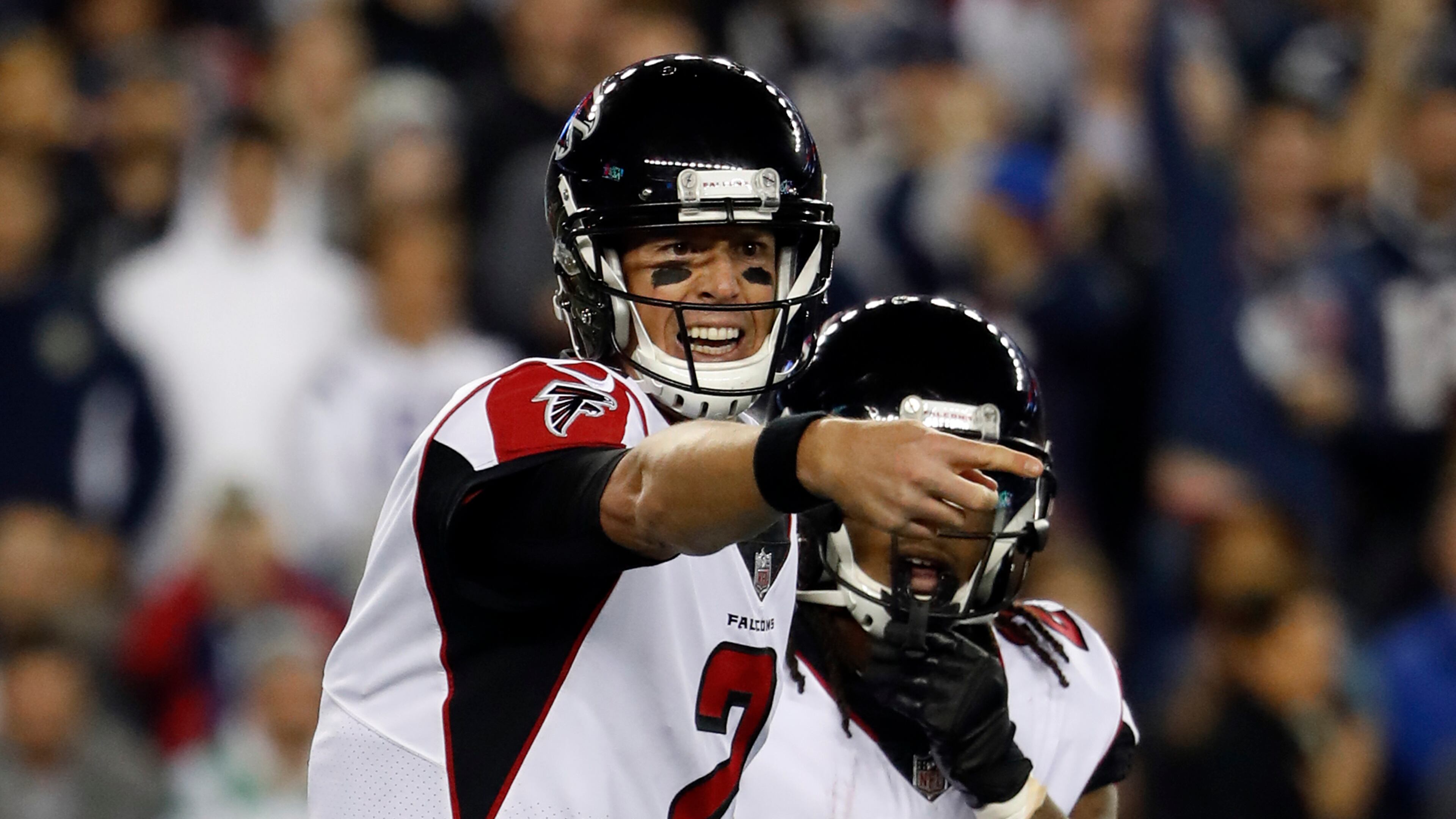 Atlanta Falcons quarterback Matt Ryan during an NFL football game against the New England Patriots at Gillette Stadium in Foxborough, Mass. Sunday, Oct. 22, 2017. (Winslow Townson/AP Images for Panini)