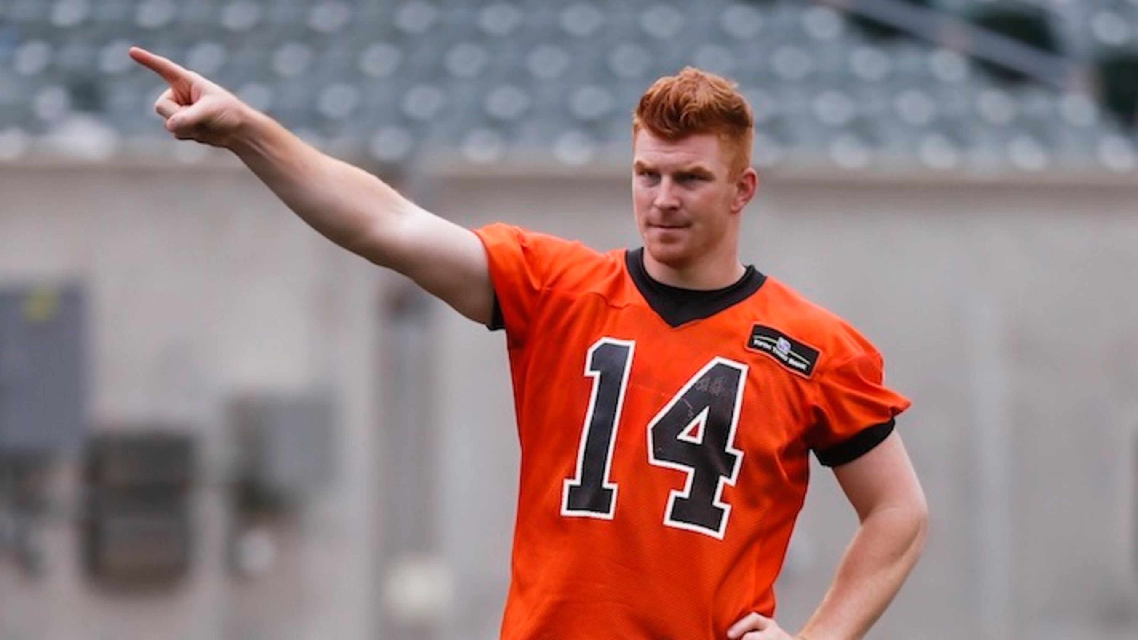 Cincinnati Bengals quarterback Andy Dalton points during an NFL mini-camp practice, Wednesday, June 14, 2017, in Cincinnati. (AP Photo/John Minchillo)