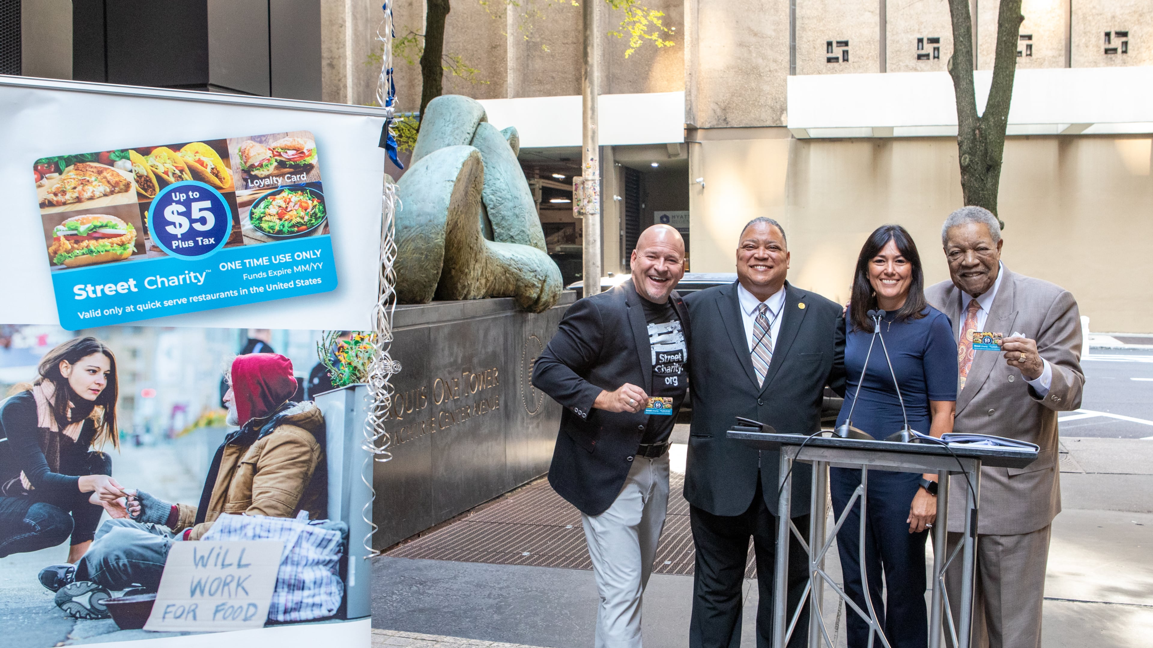 (From left): John Patton, co-founder and executive director, Street Charity; Atlanta City Councilmember Michael Julian Bond; Antuanette Patton, co-founder, Street Charity; and Fulton County Board of Commissioners Chairman Robb Pitts, at the official launch of Street Charity, Sept. 4, 2025, at the Atlanta Marriott Marquis. (Jenni Girtman for the AJC)