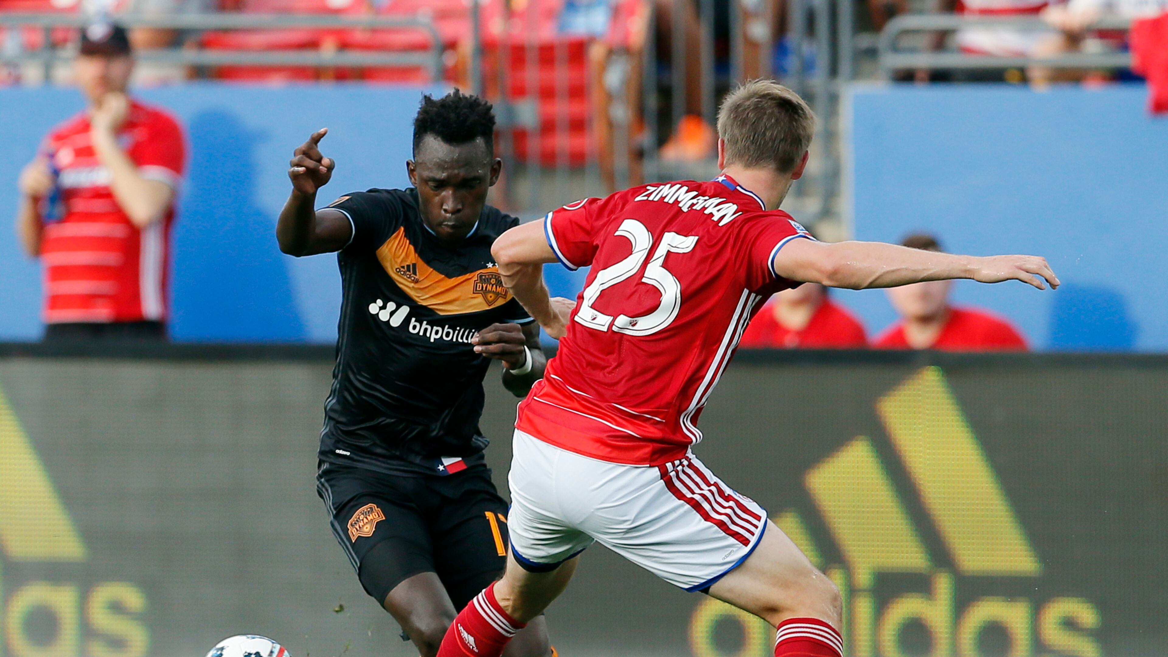Houston Dynamo’s Alberth Elis, left, loses control of the ball against FC Dallas’s Walker Zimmerman, right, in the first half of an MLS soccer game, Sunday, May 28, 2017, in Frisco, Texas. Zimmerman was injured on the play and left the game with an unknown injury. (AP Photo/Tony Gutierrez)
