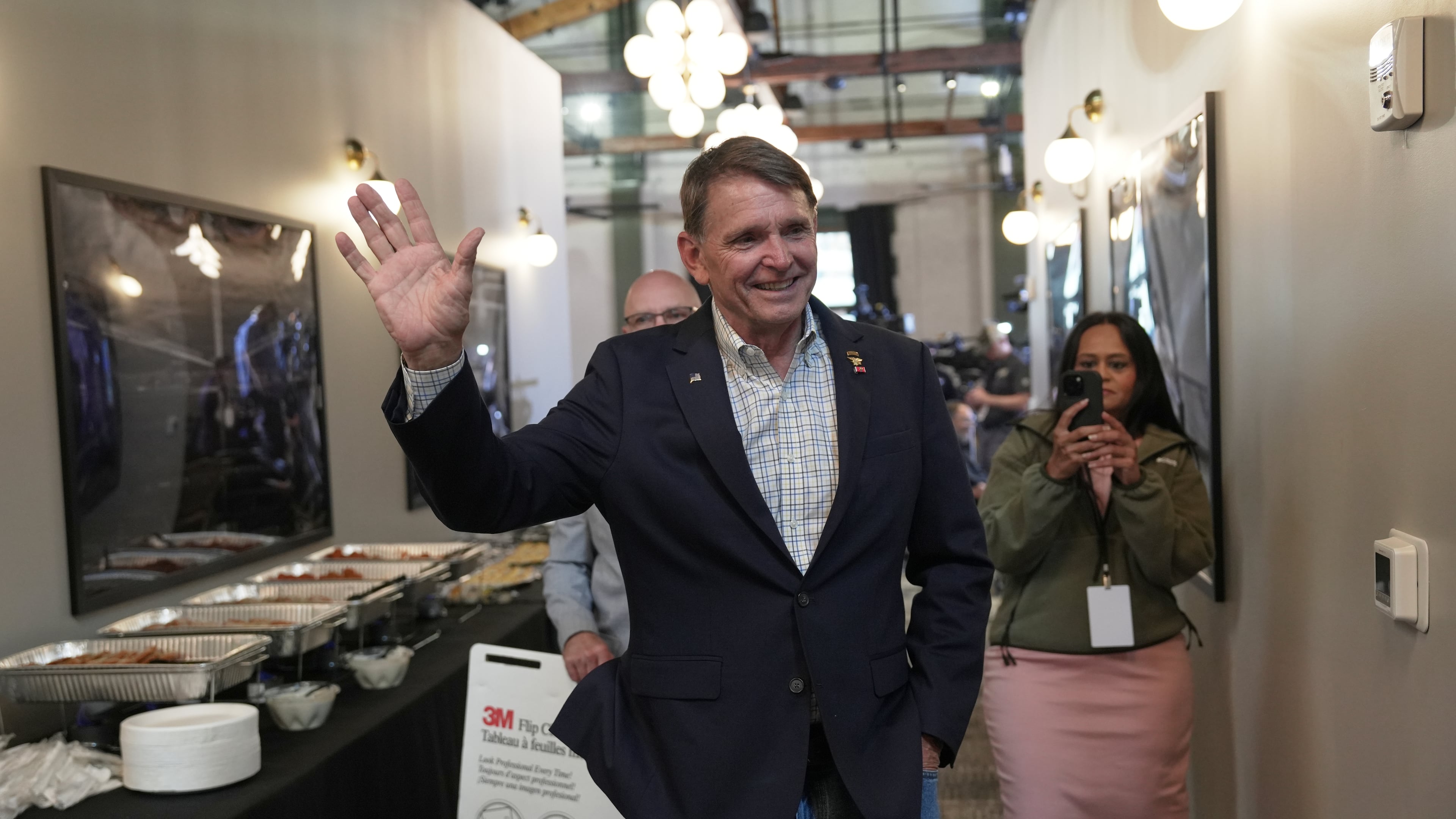 Republican congressional candidate Ed Gallrein greets supporters during an election night event Tuesday, May 19, 2026, in Covington, Ky. (AP Photo/Joshua A. Bickel)