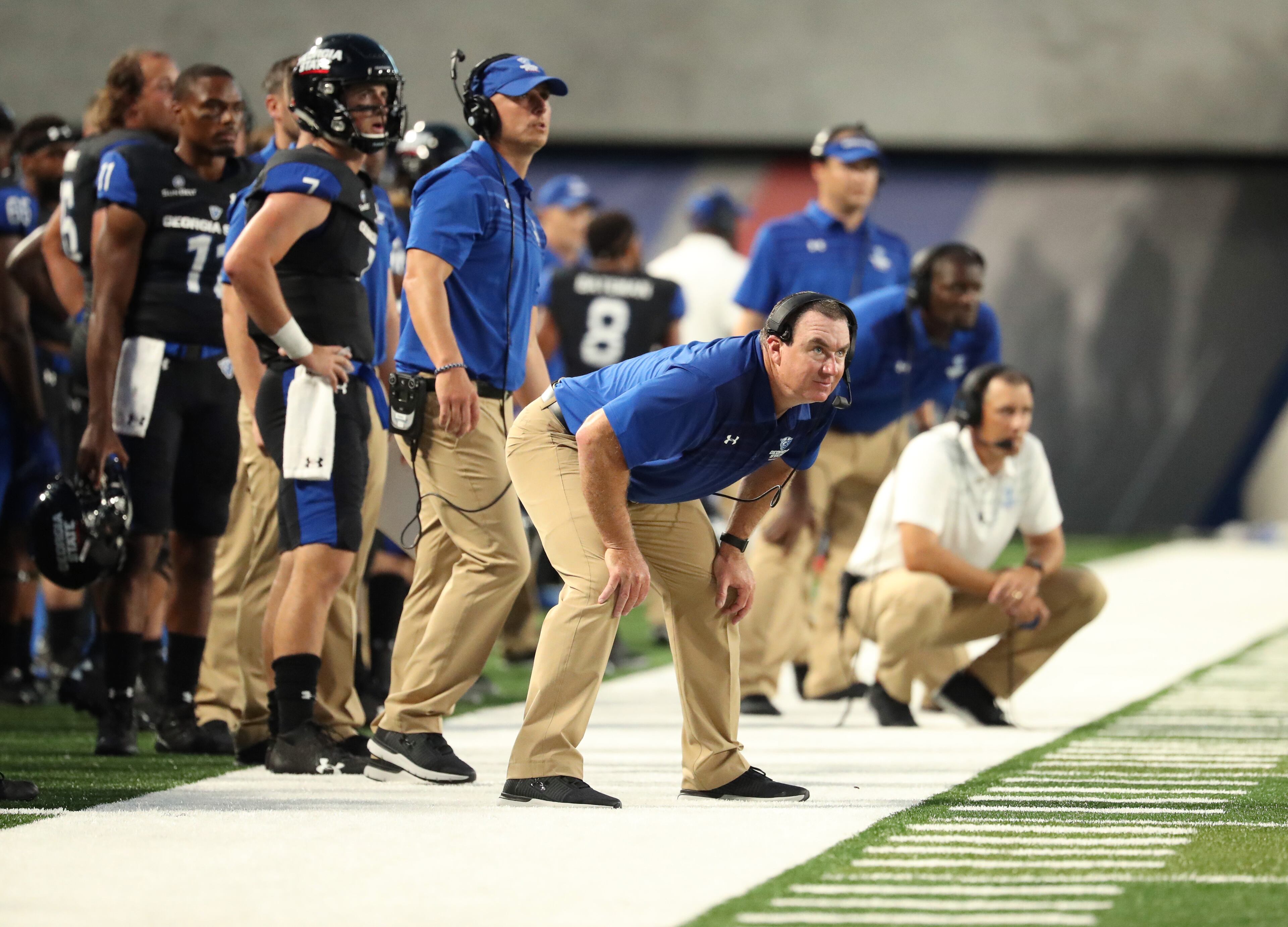 Georgia State Panthers head coach Shawn Elliott watches a field goal from the sidelines in the first half against Tennessee State at Georgia State Stadium Thursday in Atlanta, Ga., August 31, 2017. Photo by / Jason Getz