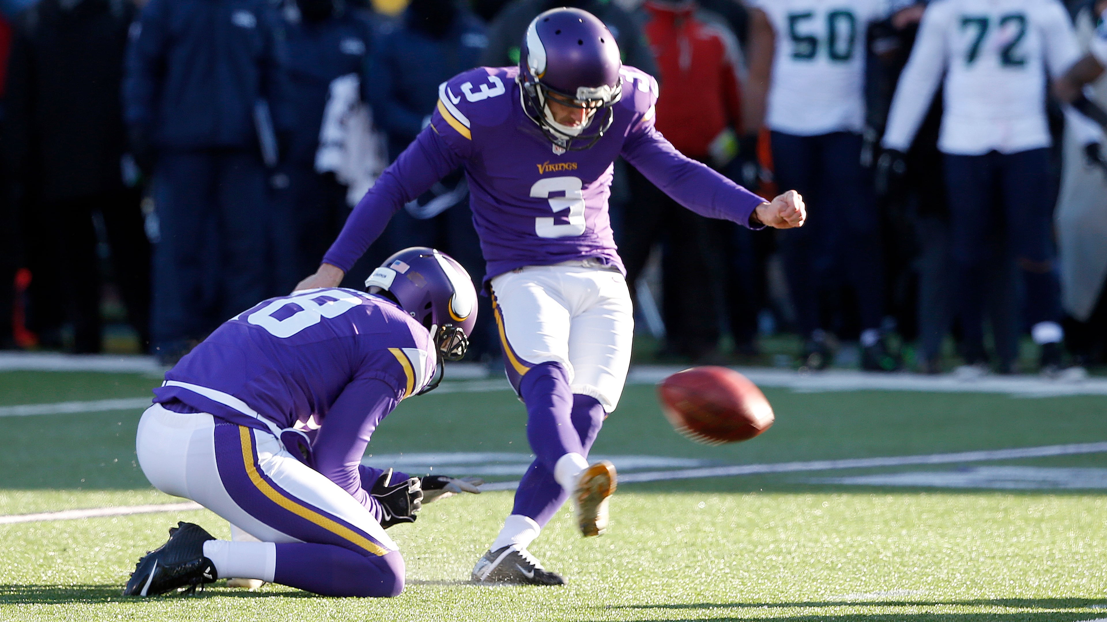 Minnesota Vikings kicker Blair Walsh (3) misses a field goal during the second half of an NFL wild-card football game against the Seattle Seahawks, Sunday, Jan. 10, 2016, in Minneapolis. The Seahawks won 10-9. (AP Photo/Jim Mone)