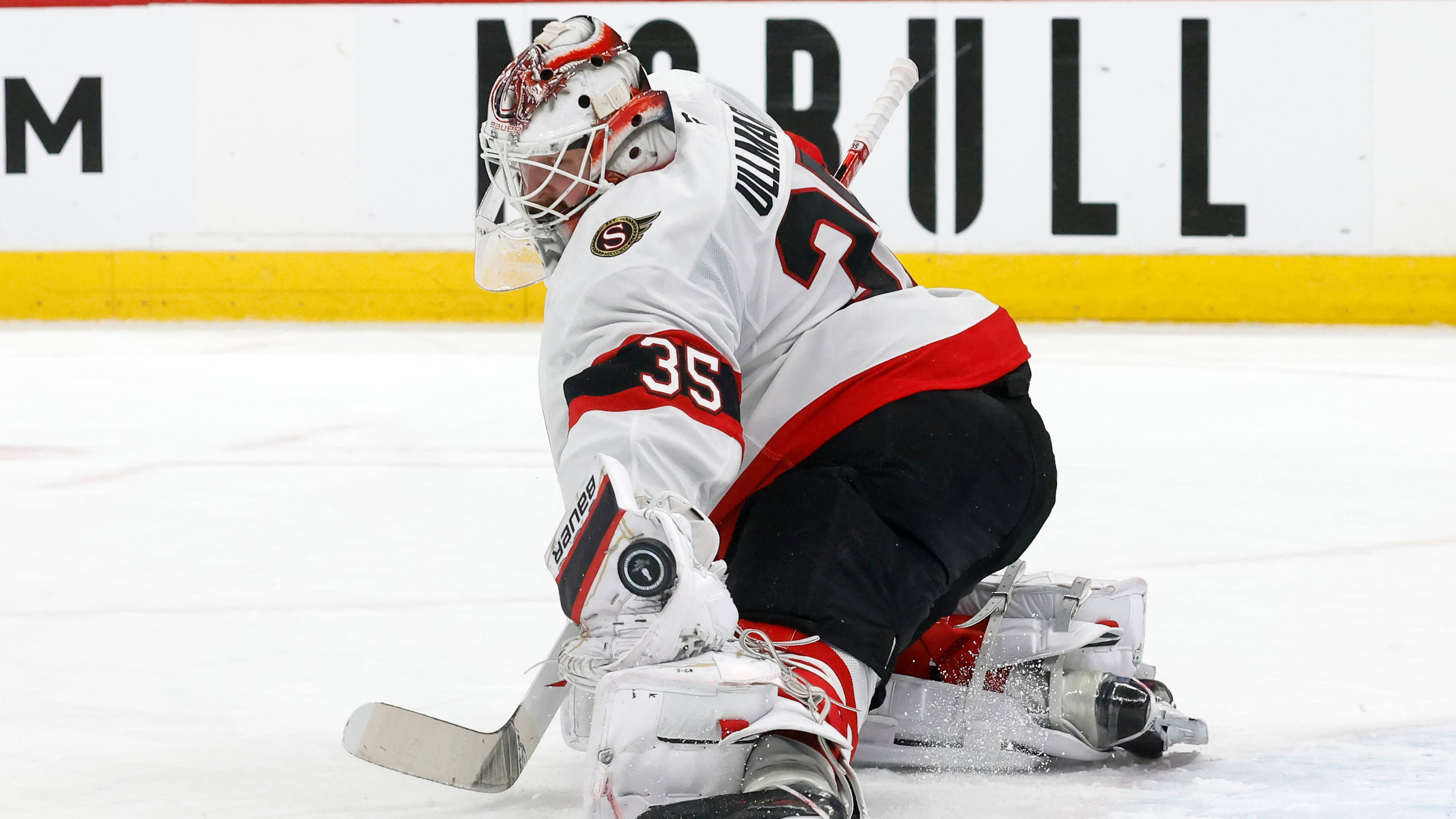 FILE - Ottawa Senators goaltender Linus Ullmark (35) blocks the penalty shot of Carolina Hurricanes' Jordan Martinook, not shown, during the first overtime of Game 2 of an NHL hockey Stanley Cup first-round playoff series in Raleigh, N.C., Monday, April 20, 2026. (AP Photo/Karl DeBlaker, File)
