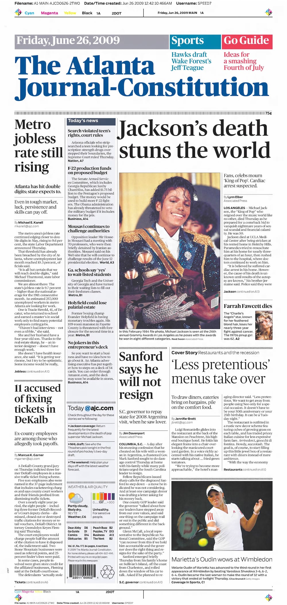 The AJC front page on June 26, 2009.