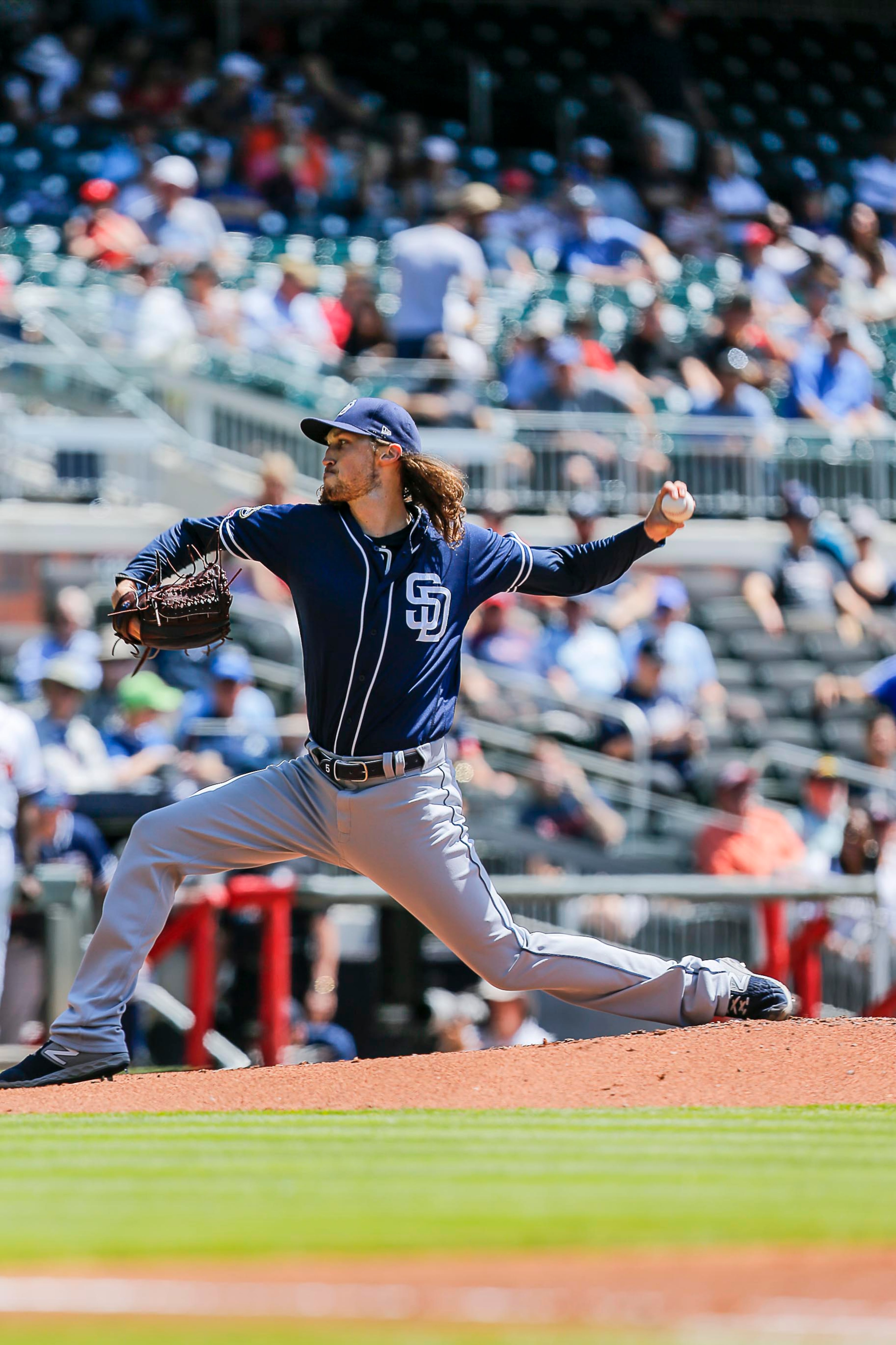 Lefthander Matt Strahm (55) started the game for the Padres. (Alyssa Pointer/Alyssa.Pointer@ajc.com)