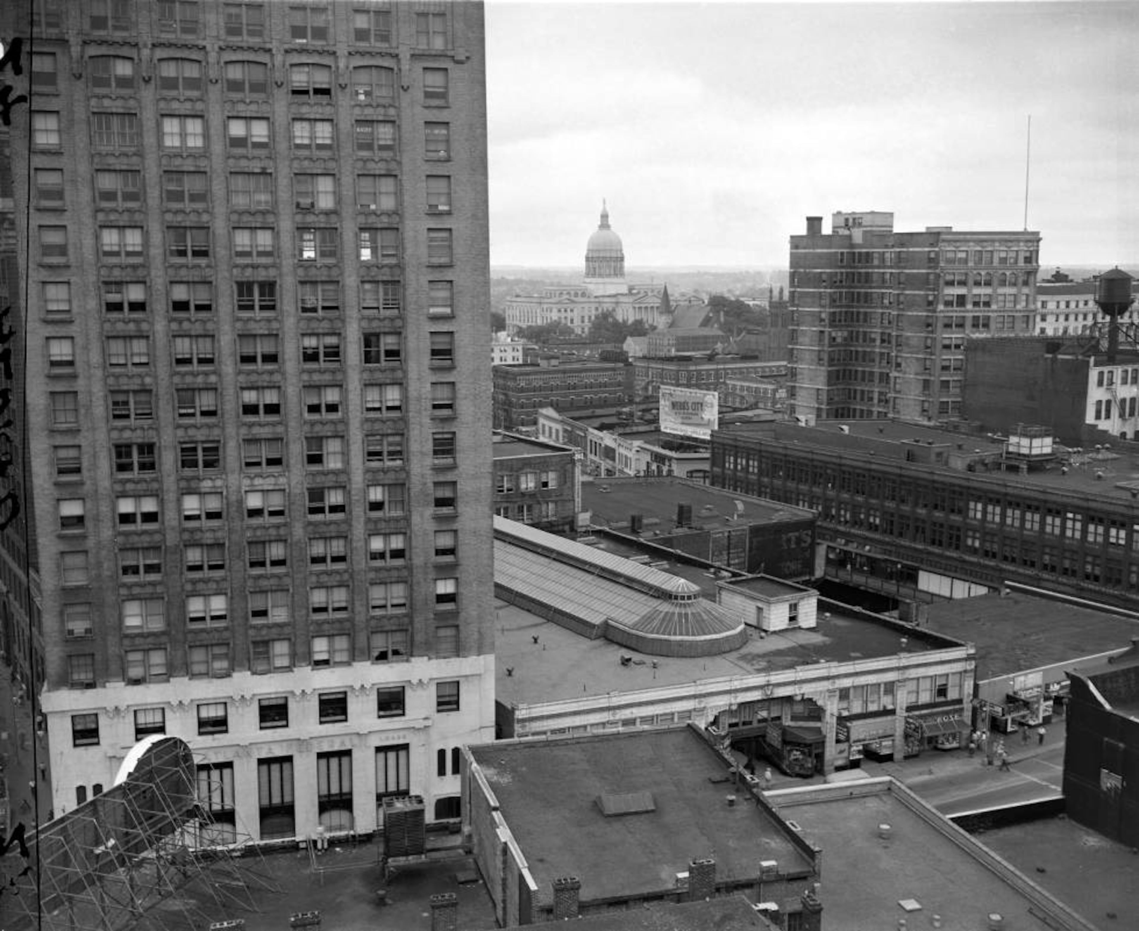 View of downtown Atlanta, looking southwest towards the Georgia State Capitol building, probably in the mid-1950s.