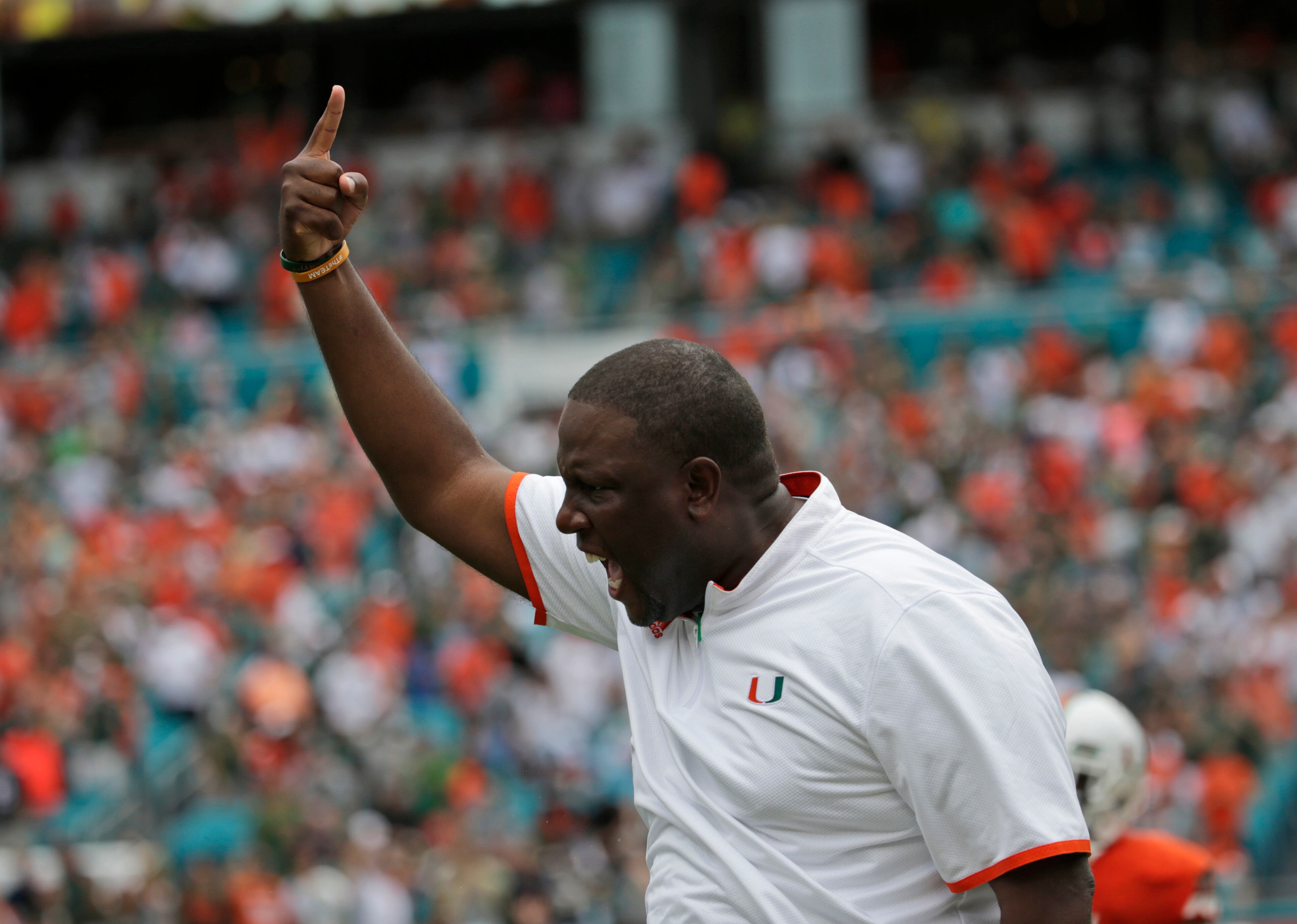 Miami interim head coach Larry Scott celebrates after Miami linebacker Jermaine Grace recovered a fumble for a touchdown during the first half of an NCAA college football game against Georgia Tech, Saturday, Nov. 21, 2015 in Miami Gardens, Fla. (AP Photo/Lynne Sladky)