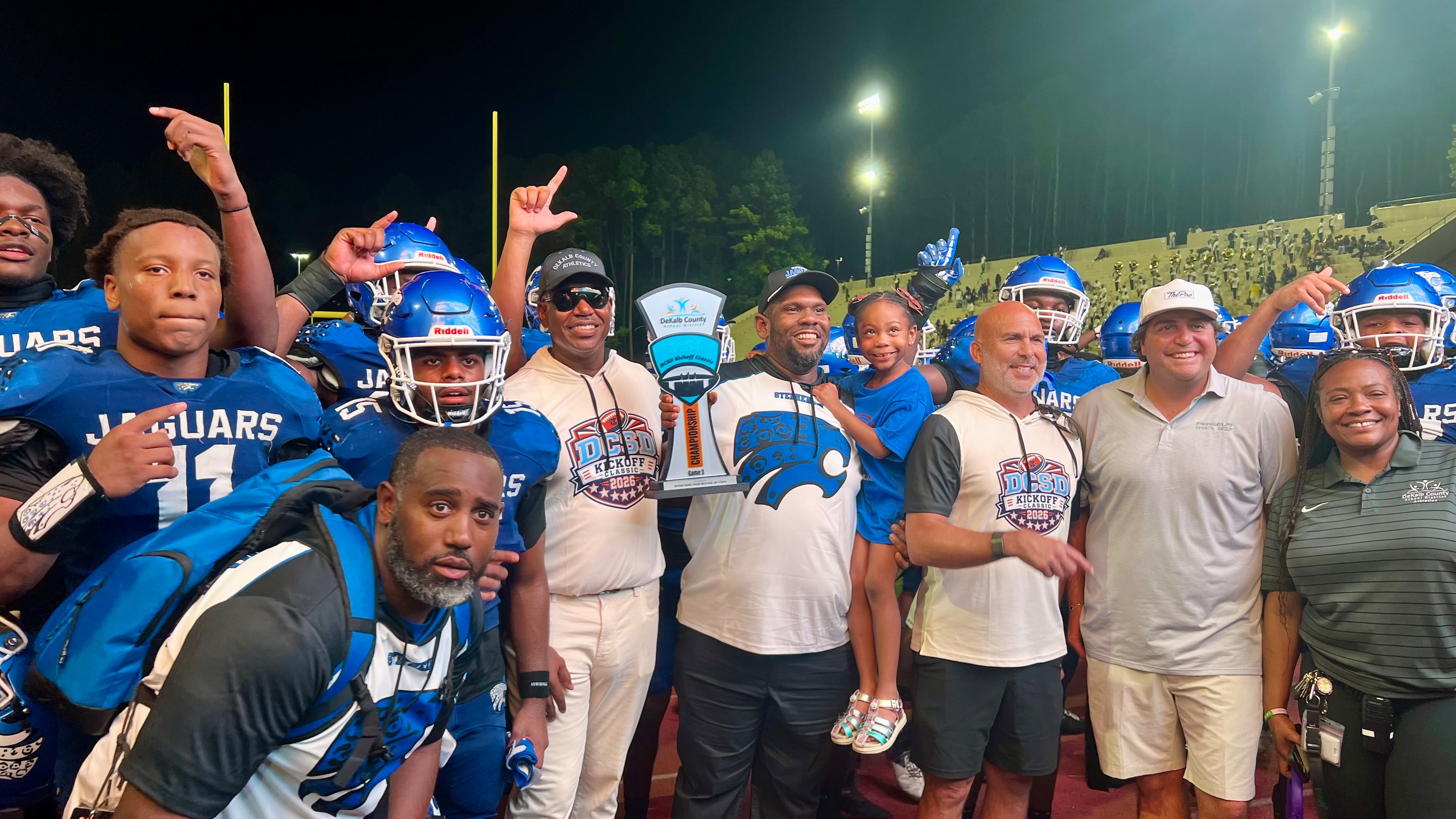 Stephenson celebrates after defeating Southwest DeKalb 29-7 in the DeKalb Kickoff Classic on Saturday, Aug. 22, 2026. (McClain Baxley for the AJC)