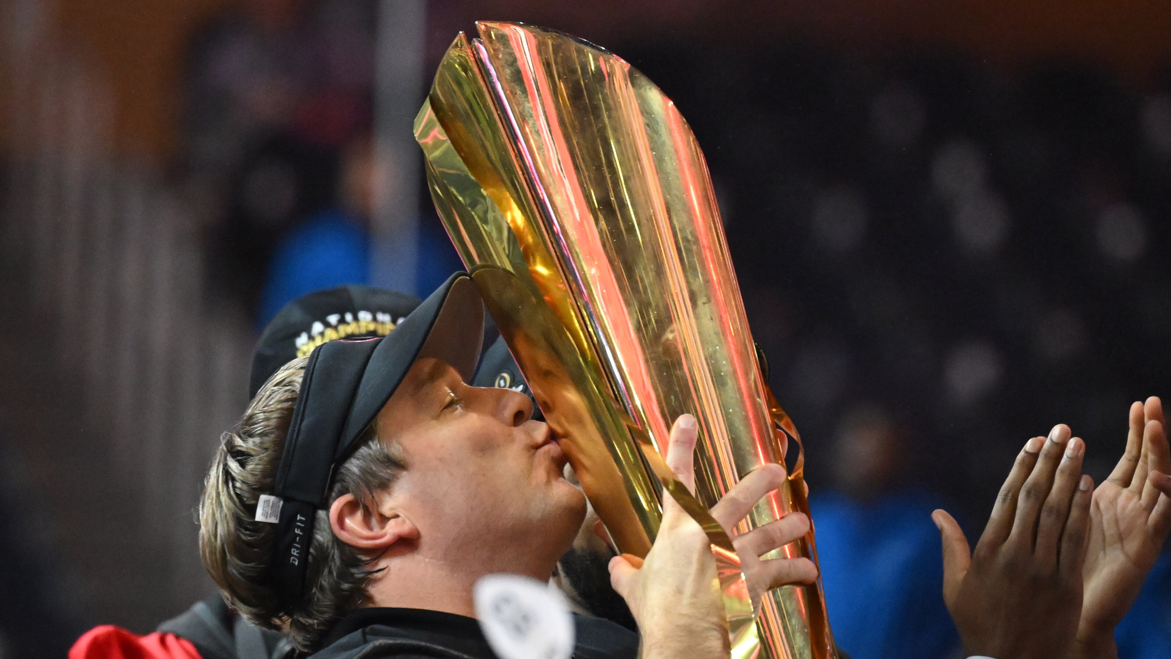 Georgia's head coach Kirby Smart celebrates their victory during the 2023 College Football Playoff National Championship game against TCU at SoFi Stadium, Monday, Jan. 9, 2023, in Inglewood, California. (Hyosub Shin / Hyosub.Shin@ajc.com)