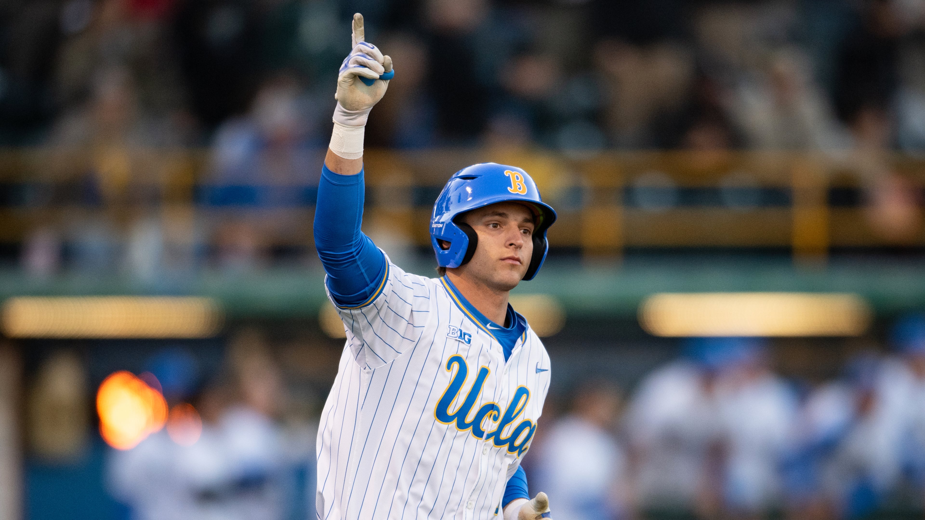 FILE - UCLA's Roch Cholowsky reacts after hitting a home run during an NCAA baseball game against Texas Christian, Feb. 20, 2025, in Los Angeles. (AP Photo/Kyusung Gong, File)