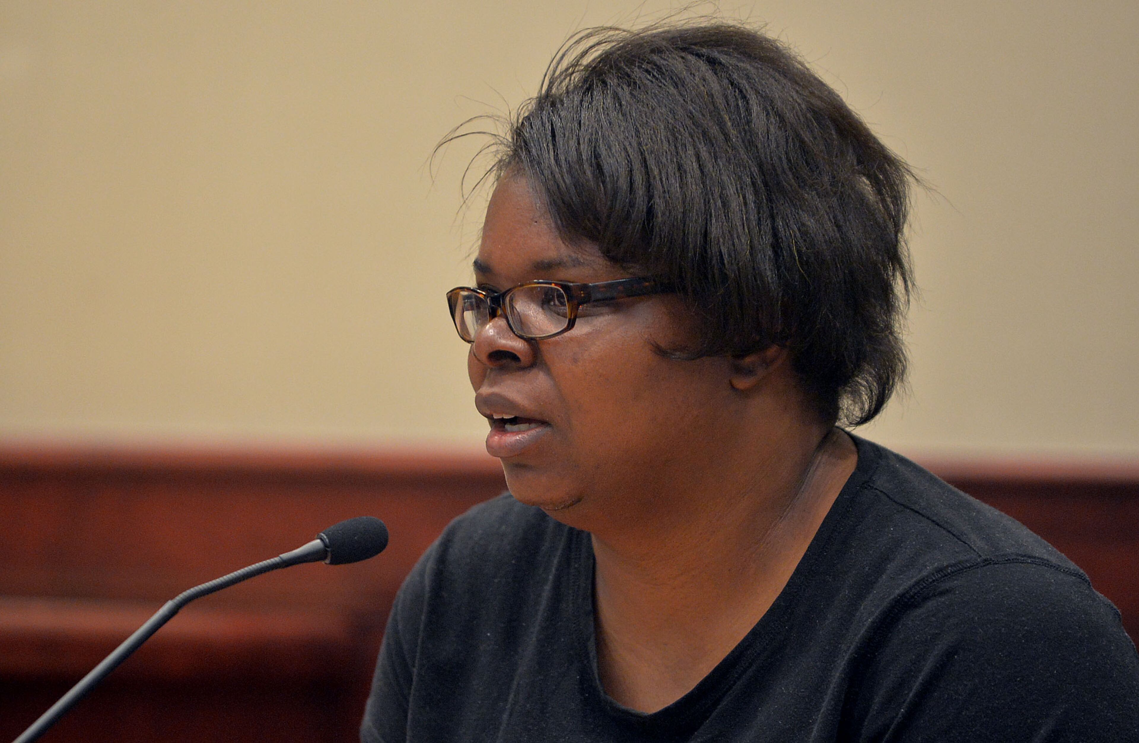 The owner of a Jonesboro daycare and her daughter were sentenced today to time in the Clayton County Jail to be followed by probation for leaving two-year-old Jazmin Green in a sweltering daycare van where she died. Here, April McAlister, Jazmin's mother, testifies in Clayton County Superior Court before the sentencing. -- Text by Rhonda Cook, AJC