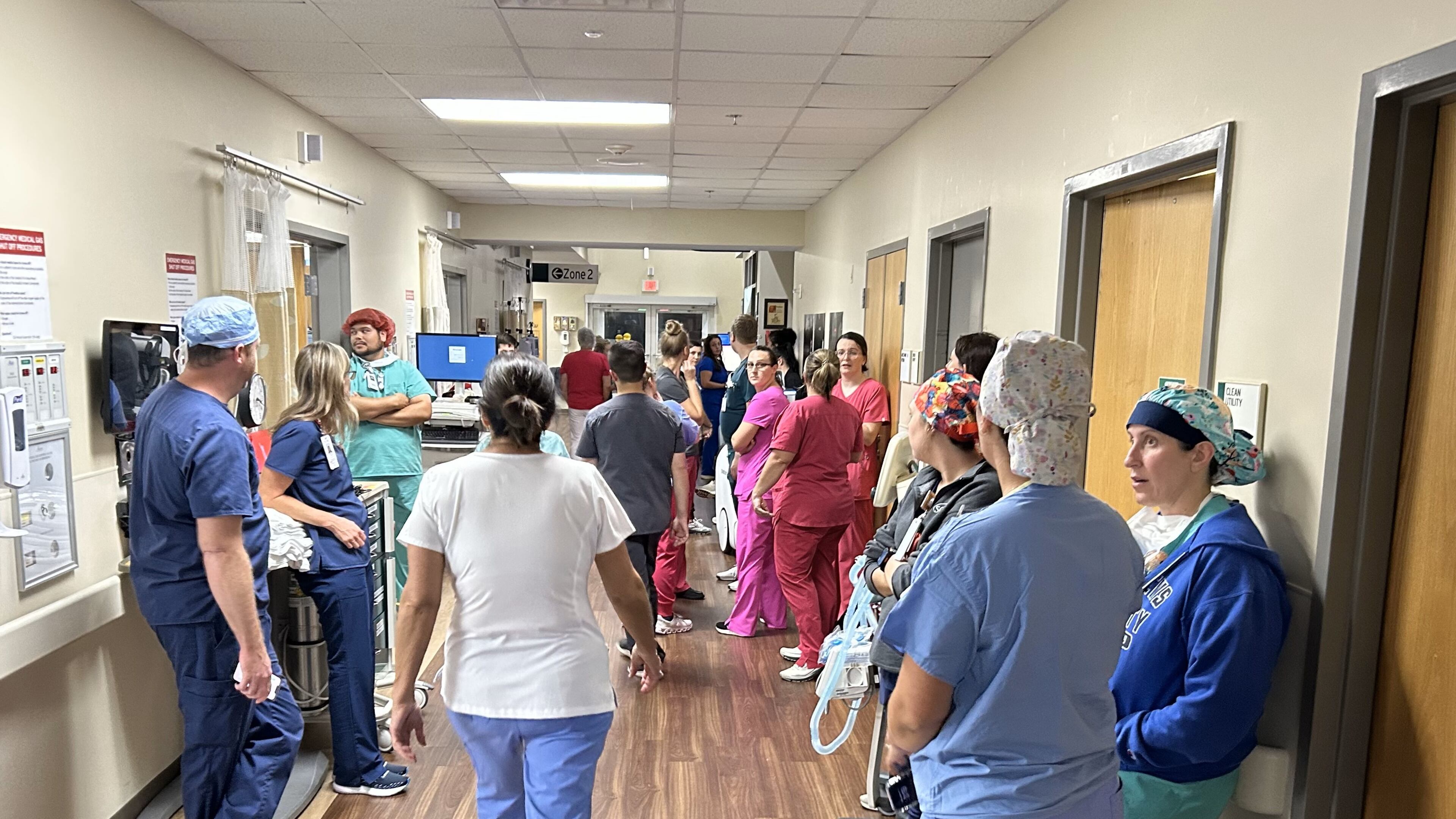 The eye of Hurricane Helene passed directly over South Georgia Medical Center in Valdosta. Staff waited in the hallway and away from windows around 3:30 a.m. (Courtesy of South Georgia Medical Center)