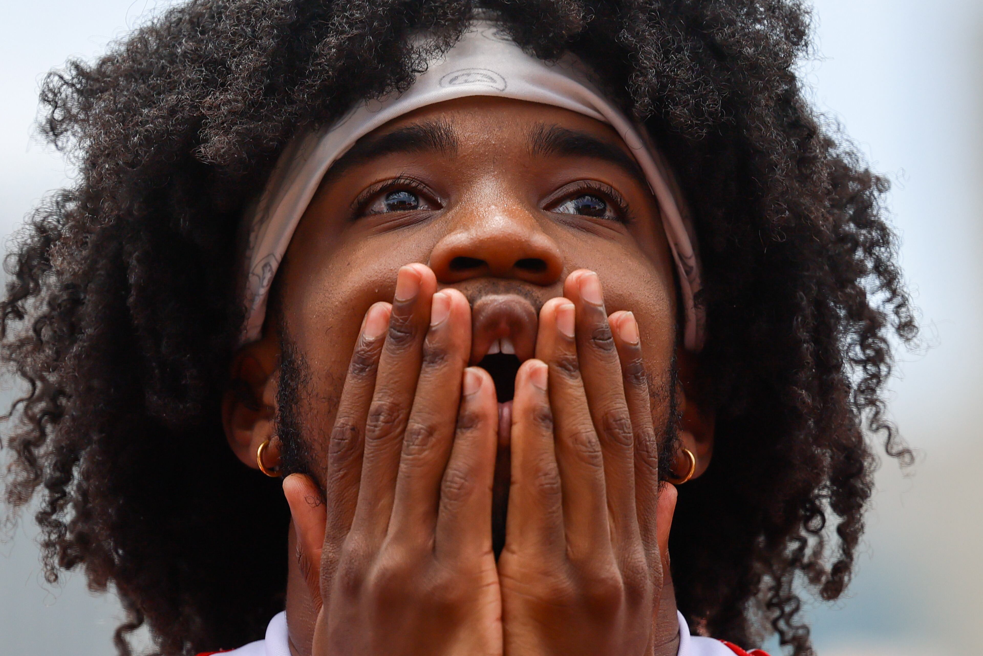 A fan reacts at FIFA Fan Festival in Centennial Olympic Park during the Spain and Cape Verde match at the 2026 FIFA World Cup in Atlanta on June 15, 2026. It’s the first of eight World Cup matches to take place in Atlanta. The match was a 0-0 draw. (Arvin Temkar/AJC)