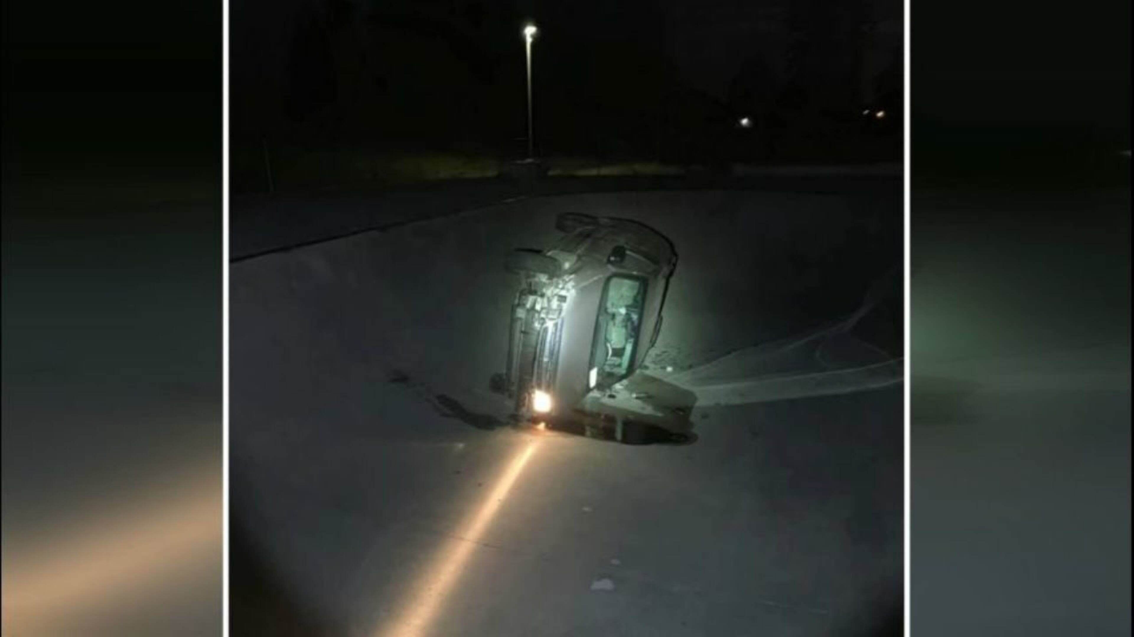Police are searching for the driver of a minivan who crashed through the fence of the Walter E. Hall skate park Wednesday night and fell into the steep concrete skate bowl, crashing sideways on the bottom.