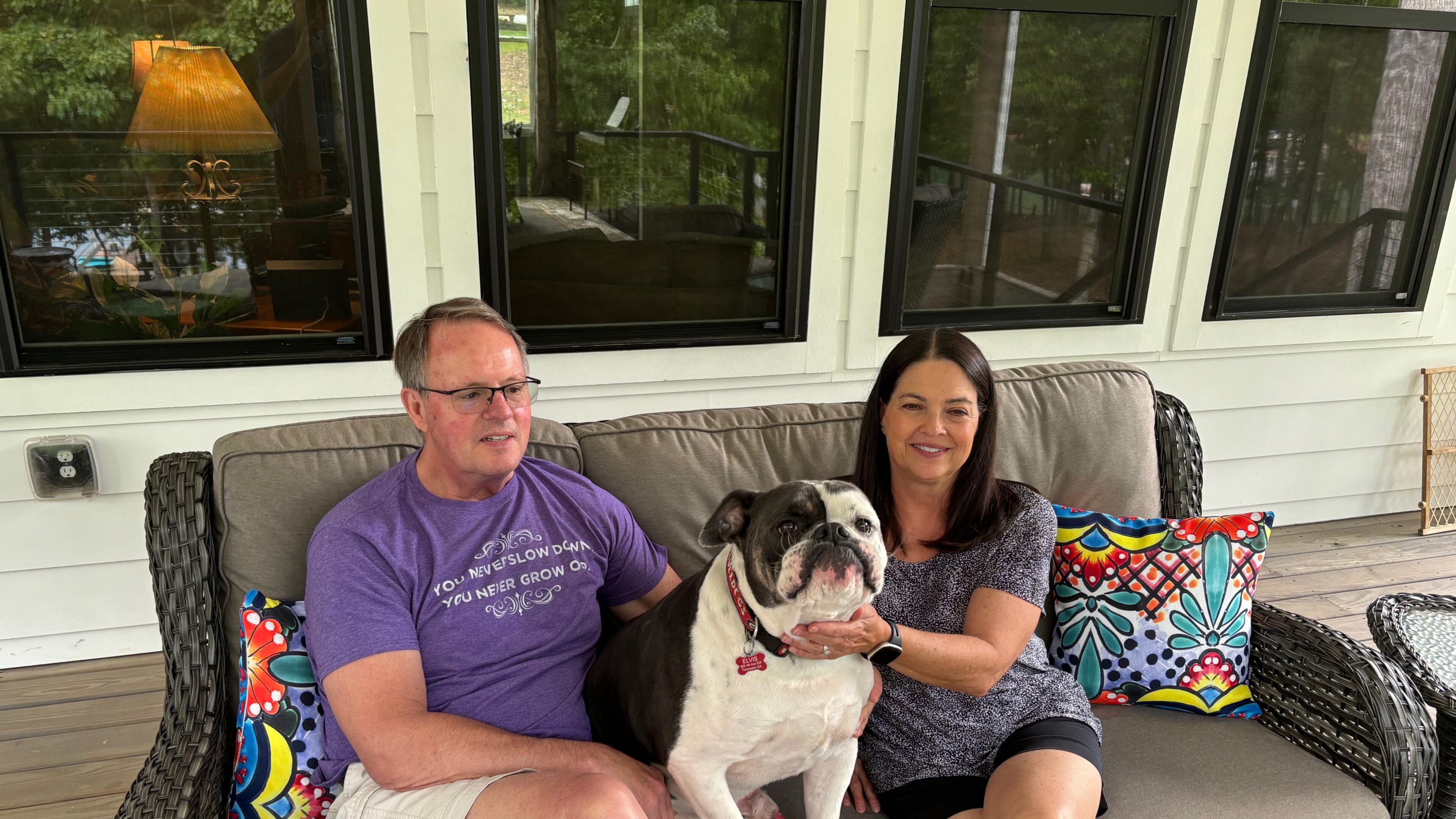 GHSA executive director Robin Hines and wife Kim, along with bulldog Elvis, enjoy the back deck on their home at Lake Hartwell.