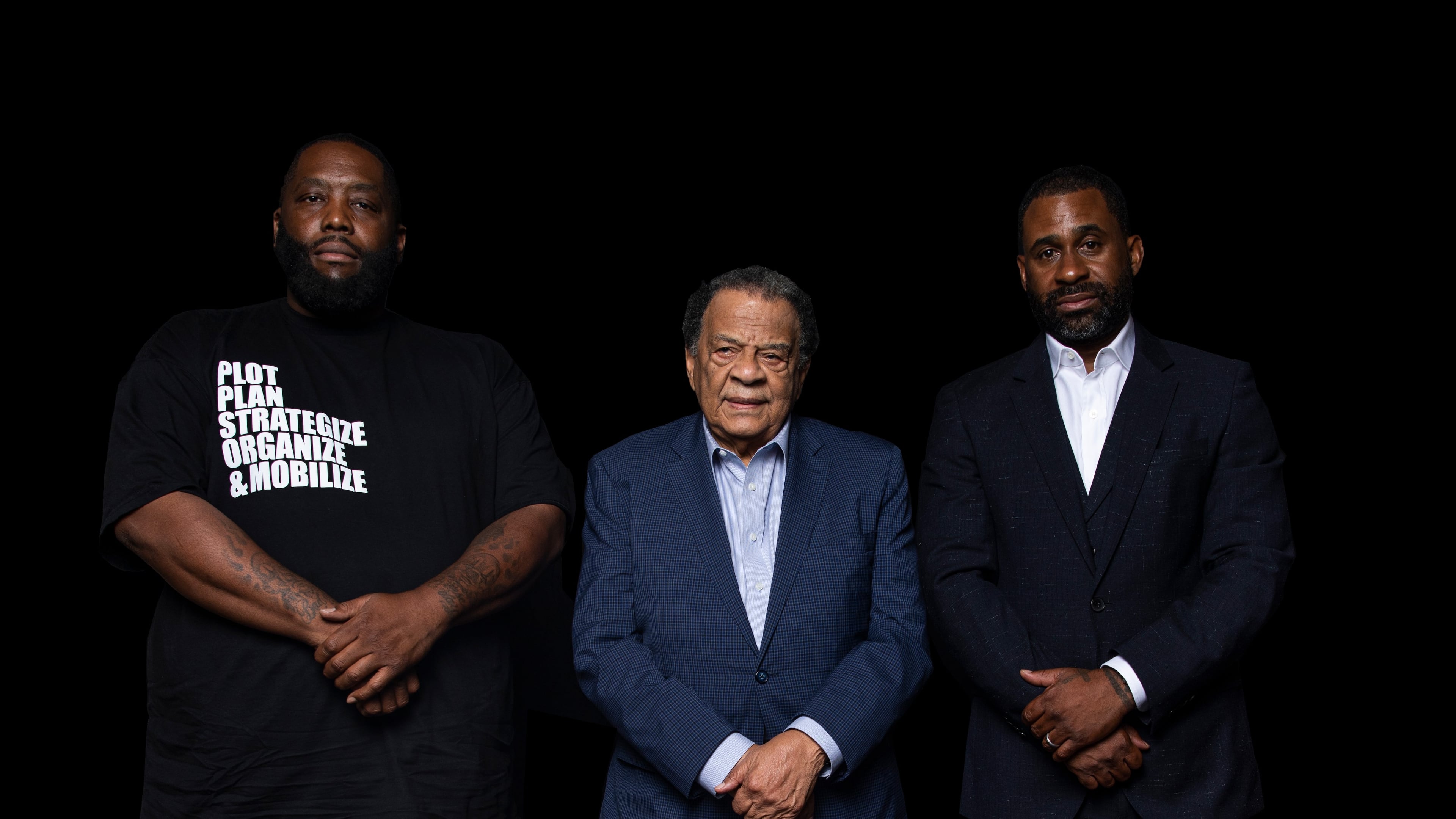 Left to right: Michael Render, also known as Killer Mike, former Atlanta Mayor Andrew J. Young and businessman Ryan Glover, cofounders of Greenwood.