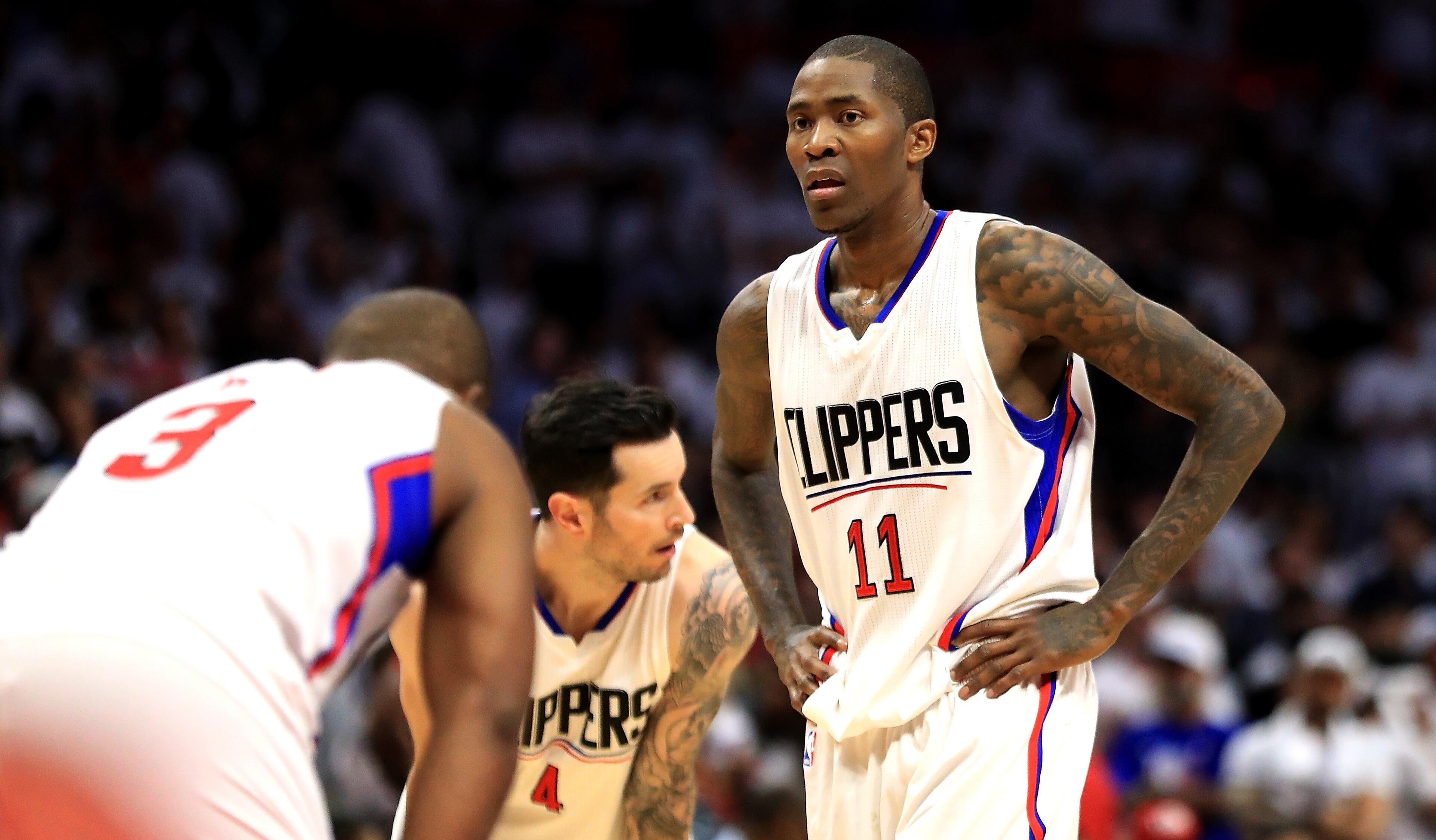 LOS ANGELES, CA - APRIL 30: Jamal Crawford #11, JJ Redick #4 and Chris Paul #3 of the Los Angeles Clippers look on during the second half of Game Seven of the Western Conference Quarterfinals against the Utah Jazz at Staples Center at Staples Center on April 30, 2017 in Los Angeles, California. NOTE TO USER: User expressly acknowledges and agrees that, by downloading and or using this photograph, User is consenting to the terms and conditions of the Getty Images License Agreement. (Photo by Sean M. Haffey/Getty Images)