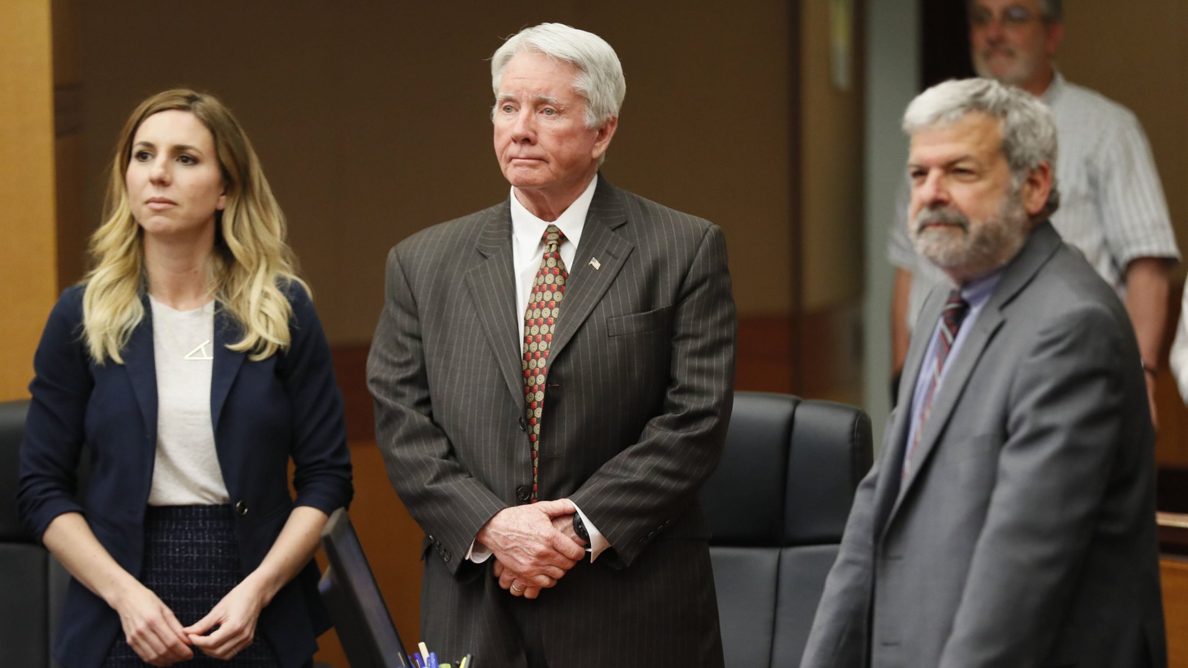 4/20/18 - Atlanta - Tex McIver stands with attorneys Amanda Clark Palmer (left) and Don Samuel to face the jury as they concluded their fourth day of deliberations today during the Tex McIver murder trial at the Fulton County Courthouse and will resume on Monday. Bob Andres bandres@ajc.com
