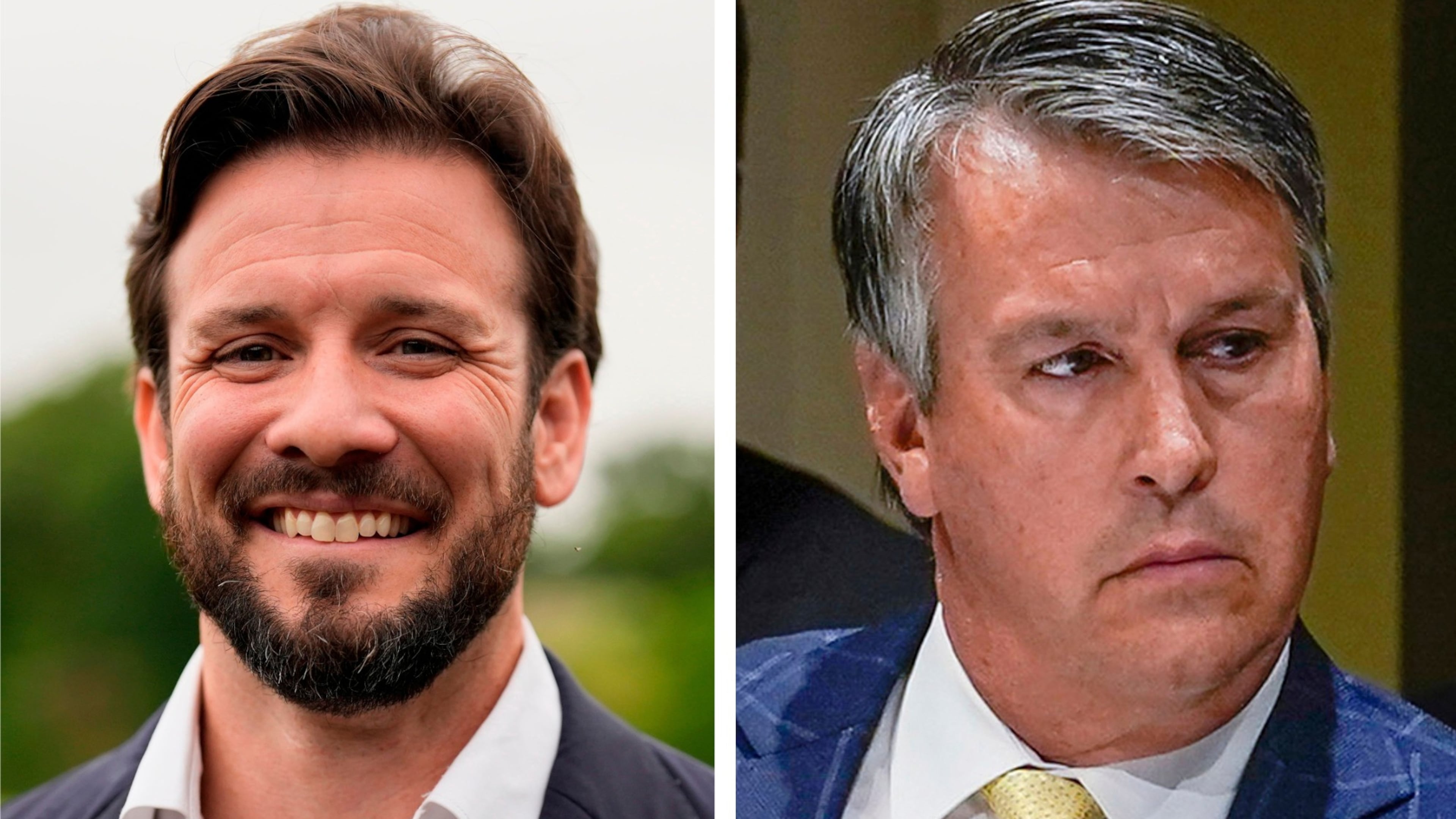 FILE - This combination of photos shows Republican candidates for U.S. Senate Jared Hudson, left, on May 7, 2026, in Enterprise, Ala., and Rep. Barry Moore, right, on April 17, 2023, in New York. (AP Photo, File)
