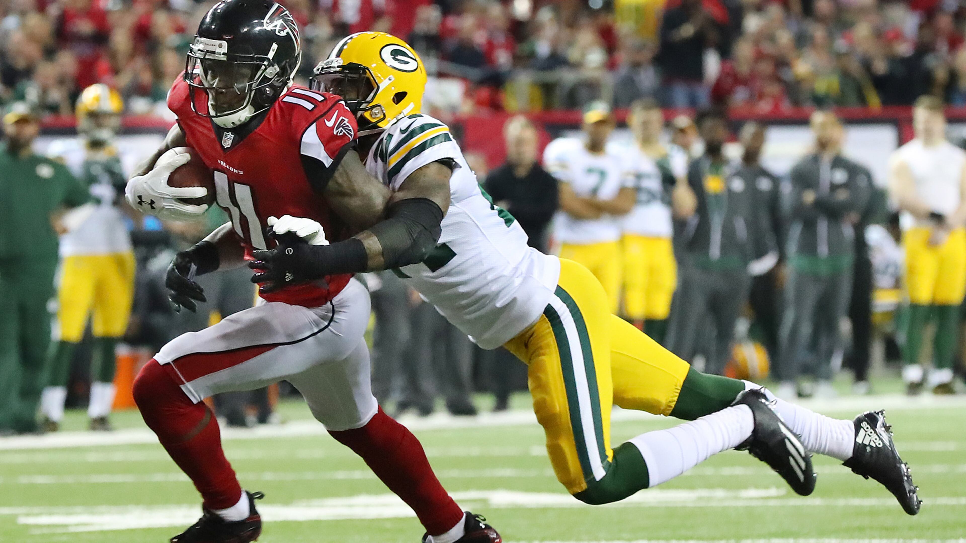 Julio Jones' 180 receiving yards in the NFC Championship win against the Green Bay Packers at the Georgia Dome set an NFL mark.