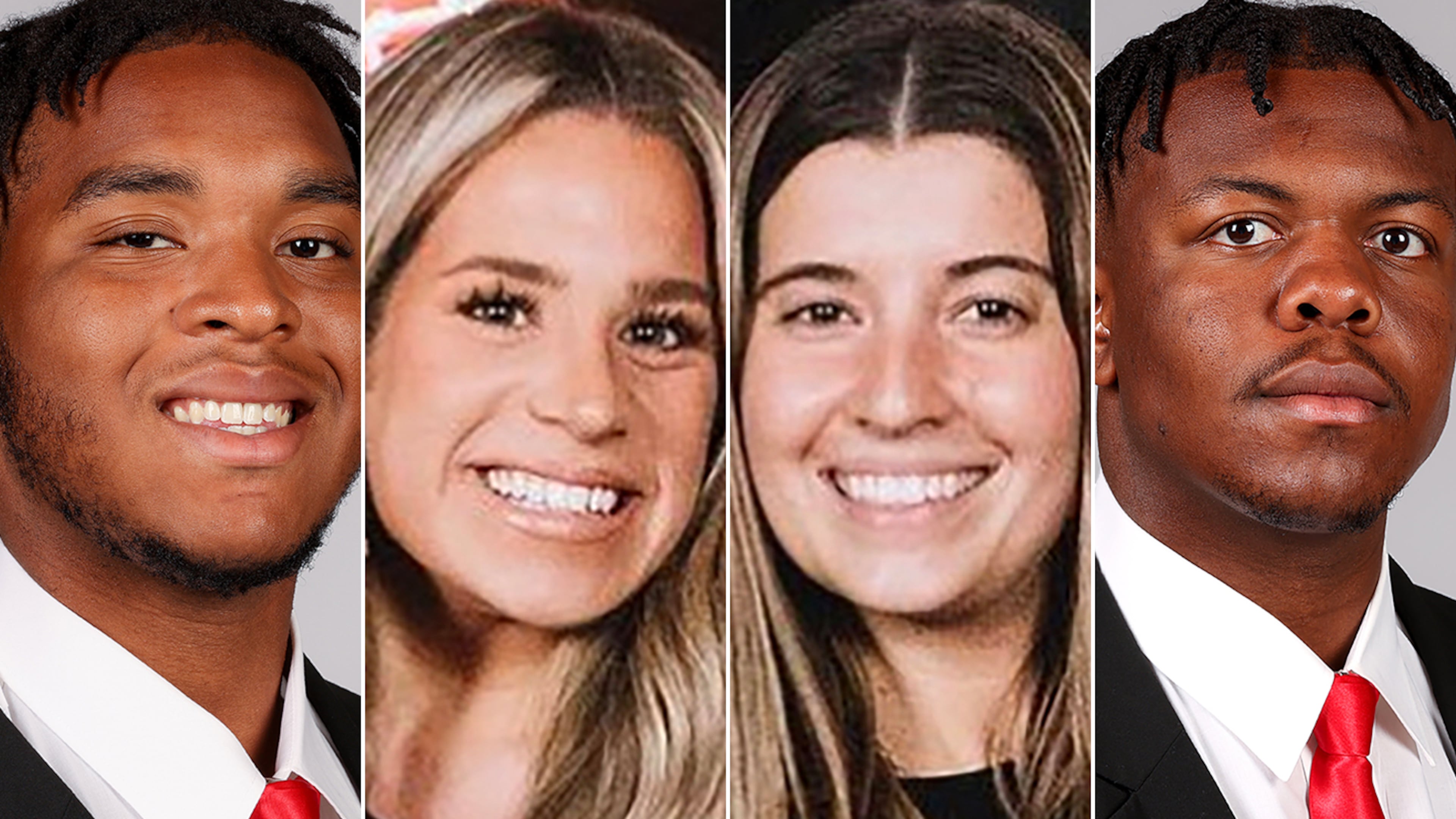 UGA offensive linemen Devon Willock, from left, UGA recruiting analyst Chandler LeCroy, recruiting staffmember Tory Bowles and offensive linemen Warren McClendon were involved in an accident Jan. 15, 2023. Willock and LeCroy were killed. Bowles suffered serious injuries and McClendon had minor injuries.